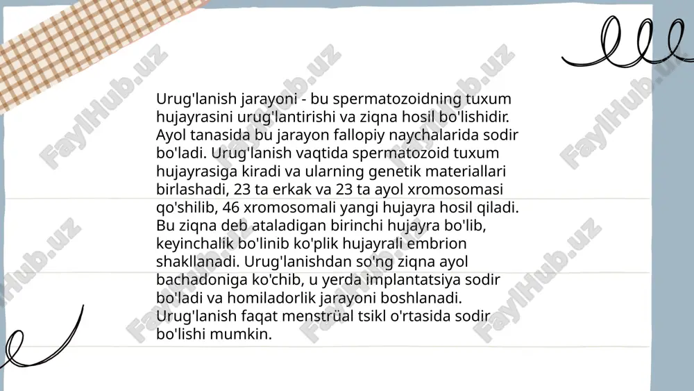 an, oshqozon-ichak tizimi va nafas olish yo'llari hosil bo'ladi. ushbu jarayonlarda hujayralarning spetsifikatsiyasi va differentsiatsiyasi muhimdir, bu esa turli sinal signal yo'llari va genlarning ifodalanishi orqali amalga oshadi. ektoderm va endodermning to'g'ri rivojlanishi normal organ va to'qimalarning shakllanishi uchun zarurdir. ... t.me/slaydai_bot 13. embriologik induksiya embriologik induksiya rivojlanish biologiyasida muhim jarayon bo‘lib, hujayralarning bir to‘plami yoki to‘qimalar boshqalariga qanday ta’sir qilishini ifodalaydi. bu jarayon dastlab 1901-yilda hans spemann tomonidan kashf etilgan. induksiya natijasida hosil bo‘ladigan strukturalar embriogenez davomida shakllanishi uchun zarurdir. masalan, nöral plastin hosil bo‘lishida induksiya muhim rol o‘ynaydi. turli organizmlarda embriologik induksiya mexanizmlari o‘xshash bo‘lib, signal molekulalari va genlarning o‘zaro ta'siri natijasida sodir bo‘ladi. ushbu jarayon aniq vaqt va joyda kuzatiladi va rivojlanishning to‘g‘ri shakllanishini ta'minlaydi. embrional rivojlanish hasanboyev mirjalol e'tiboringiz uchun raxmat! image1.png image2.png image3.png image4.png image5.png image6.jpg image7.jpg image8.jfif image9.jpg