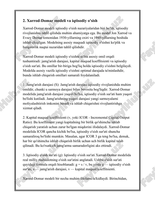 nadi: \[ \delta k = i - dk \] bu yerda \(\delta k\) — kapitalning o‘zgarishi, \(d\) — amortizatsiya darajasi. 3. **iqtisodiy o‘sish omillari**: solou modeliga ko‘ra, iqtisodiy o‘sishni ta’minlovchi asosiy omillar quyidagilar: - **mehnat o‘sishi** (n): mehnat resurslari miqdorining o‘sishi. - **texnologik taraqqiyot** (g): uzoq muddatda yuqori iqtisodiy o‘sishni davom ettirish uchun texnologiyaning yangilanib turishi muhim ahamiyatga ega. modelda bu ko‘pincha ekzojen tarzda qabul qilinadi. 4. **muvozanat holatiga yetishish**: solou modelida uzoq muddatda iqtisodiyot bir muvozanat holatiga keladi, bu holatda odam boshiga kapital o‘zgarmaydi (ya’ni, har bir ishchi uchun kapital miqdori barqaror bo‘ladi). bu holatga "barqaror holat" deyiladi. 5. **barqaror holatda iqtisodiy o‘sish**: solou modelida iqtisodiyot barqaror holatga kelganda, odam boshiga ishlab chiqarish, iste’mol va kapital ma'lum darajada qotib qoladi. barqaror holatda o‘suvchi omillar asosan mehnat o‘sishi va texnologik taraqqiyot bilan belgilanadi. 6. **muvozanat holatini hisoblash**: asosiy muammo barqaror holatda ishlab chiqarish darajasini hisoblashdir, bu nuqtada kapital va mehnatning …