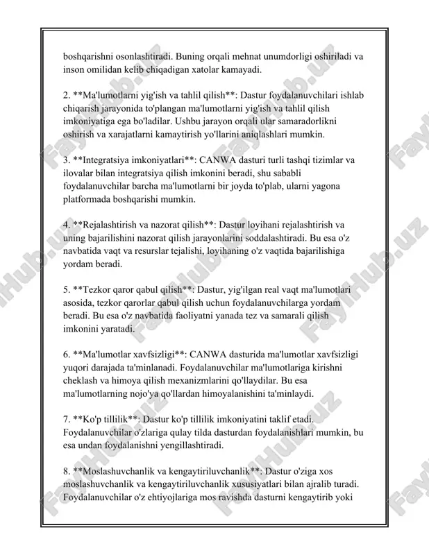 onida dastur sizdan dastur joylashuvi yoki boshqa o'rnatish parametrlarini tanlashni so'rashi mumkin. 4. **litsenziya shartlarini qabul qilish:** - aksariyat dasturlar o'rnatish jarayonida litsenziya shartlarini qabul qilishni talab qiladi. litsenziya shartlarini o'qish va qabul qilish zarur. bu shartlar dasturdan qanday foydalanish mumkinligini belgilaydi. 5. **dastur o'rnatishni tugatish:** - o'rnatish tugagandan so'ng, dastur odatda avtomatik ravishda ishga tushiriladi yoki ushbu imkoniyatni taklif qiladi. ba'zi hollarda kompyuterni qayta ishga tushirish talab qilinishi mumkin. 6. **dasturga kirish va dastlabki sozlash:** - dasturni birinchi marta ochganda, sizdan foydalanuvchi hisob qaydnomasini yaratish yoki mavjud hisob qaydnomasiga kirish so'ralishi mumkin. - avval dasturiy ta'minotning tili va interfeys sozlamalarini o'rnating. bu dasturdan qulayroq foydalanish imkoniyatini beradi. 7. **yangilanishlarni tekshirish:** - dastur qachon yaratilganligiga qarab, yangilanishlar mavjud bo'lishi mumkin. yangilanishlar odatda dastur xatolarini tuzatish, xavfsizlik yaxshilanishlarini va yangilangan xususiyatlarni o'z ichiga oladi. 8. **qo'shimcha plagin va qo'shimchalarni o'rnatish:** - ba'zi dasturlar uchun qo'shimcha imkoniyatlar va funksionalliklarni qo'shish uchun plagin …