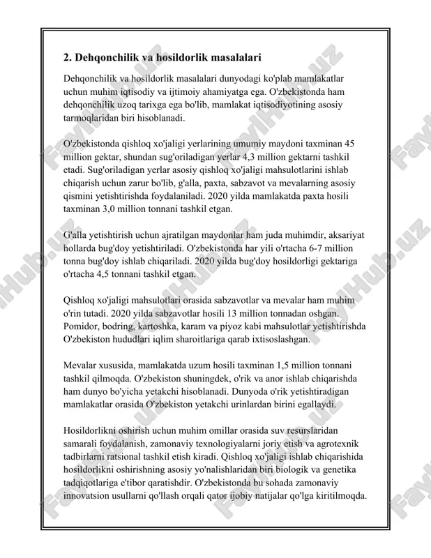 n tonna meva-sabzavot eksport qildi. - qishloq xojaligi mahsulotlarining umumiy eksport hajmi songgi yillarda har yili 10% dan ortiq osmoqda. 2. ozbekiston qishloq xojaligi importi: - ozbekiston har yili qishloq xojaligi texnikasi va uskunalari, kimyo ogitlari, oziq-ovqat mahsulotlari va uruglarni import qiladi. - 2022 yilda ozbekiston taxminan 1 milliard aqsh dollari qiymatidagi oziq-ovqat mahsulotlarini import qildi. - asosiy import qilinadigan oziq-ovqat mahsulotlari: bugdoy, kungaboqar yogi, qahva va shakar. - bugdoy importining asosiy manbai qozogiston hisoblanadi, undan yiliga qariyb 2 million tonna bugdoy import qilinadi. - qishloq xojaligi texnikasi importi kopincha germaniya, aqsh va xitoydan amalga oshiriladi. - taxminan 25% ogitlar chet eldan import qilinadi, asosiy yetkazib beruvchilar rossiya va xitoy. 3. boshqa statistik ma'lumotlar va tendensiyalar: - oxirgi yillarda ozbekistonning qishloq xojaligi mahsulotlari eksporti hajmini kengaytirishga qaratilgan islohotlari tufayli eksport kolami oshib bormoqda. - milliy statistik qomitaning ma'lumotlariga kora, ozbekiston 2023 yilda qishloq xojaligi mahsulotlari eksportidan 2 milliard aqsh dollaridan …