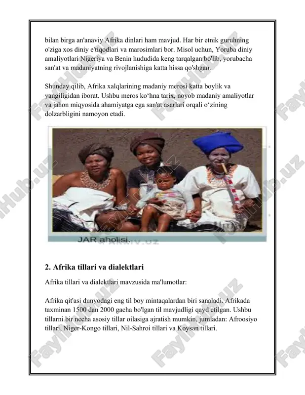 datlari**: hausa xalqi asosan nigeriya va nigerda yashaydi. ularning urf-odatlari musulmonchiligi bilan chambarchas bog'liq, jumladan, ramazon va eid kabi diniy bayramlar. shanba va yakshanba kunlari esa an'anaviy bazmlarni o'tkazishadi, bunda an'anaviy musiqa va raqslar ijro etiladi. 4. **maasai xalqining urf-odatlari**: keniya va tanzaniyada yashovchi maasai xalqi an'anaviy hayoti bilan mashhur. ular o'zlarini chorva mollari bilan o'lchashadi va bu ularning boyligi hisoblanadi. maasai xalqining urg'u beradigan urf-odati bu sakrash raqsidir, bu raqslar turli marosimlarda ijro etiladi. 5. **dogon xalqining urf-odatlari**: maliya hududida yashovchi dogon xalqini o'ziga xos an'anaviy san'at va me'morchilik bilan tanilgan. ularning urf-odatlari orasida maskarad va raqslar mavjud, bularning barchasi diniy va ijtimoiy bayramlarda ishtirok etadi. 6. **ashanti xalqining urf-odatlari**: gana hududida yashovchi ashanti xalqining urf-odatlari o'zining chiroyli to'y marosimlari va boshqa bayramlari bilan fama qozongan. ashanti xalqining urf-odatlari kulgili va rang-barang liboslar, musiqa va raqslarni qamrab oladi. 7. **berber xalqining urf-odatlari**: shimoliy afrikada yashovchi berber xalqi ko'p asrlik …