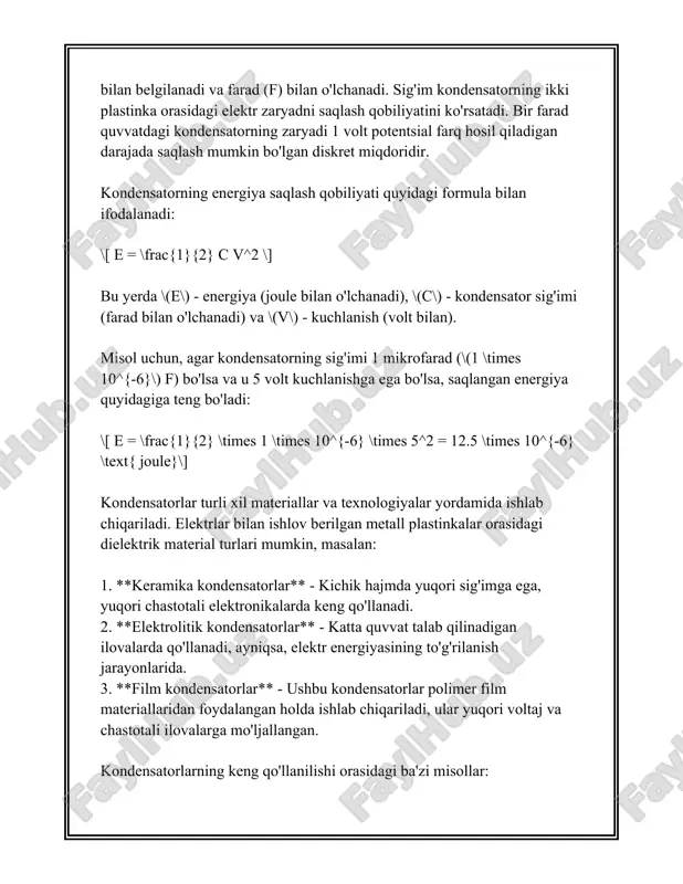 nit induksiya natijasida eyuk hosil bo'ladi. o'zgaruvchan tok bilan ishlatilganda, bu g'altaklar reaktiv qarshilik hosil qiladi, va bu omil kuchlanish va tok orasidagi faza burchagini o'zgartiradi. reaktiv qarshilik \[ x_l = 2 \pi f l \] formula orqali hisoblanadi, bunda \(f\) chastota, \(l\) esa induktivlik. to'rtinchidan, induktivlik g'altaklari elektr zanjirlarida filtr sifatida ishlatilishi mumkin. ular yuqori chastotali signallarni pasaytirishi va past chastotali signallarni o'tkazishi mumkin. bu xususiyat radiotexnikada va audio elektronika qurilmalarida keng qo‘llaniladi. beshinchidan, g'altaklarda energiyaning magnit maydon shaklida saqlanishi muhim xususiyatdir. bu energiya \[ w = \frac{1}{2} l i^2 \] formula orqali hisoblanadi, bunda \(i\) – g'altakdan o'tayotgan tok. ushbu xususiyat energiyani vaqtinchalik saqlash va keyinchalik foydalanish imkoniyatini yaratadi. oltinchidan, o'zgaruvchan tok zanjirlarida induktivlik g'altaklari yuqori o'zgaruvchan elementlardan biri bo'lib, yadro materiali, o'rash turi va boshqa texnik xususiyatlar bo'yicha moslashtirilishi mumkin. yadro materiali, ayniqsa, muhim rol o'ynaydi, chunki ferromagnit yadrolar yuqori darajadagi induktivlikni ta'minlaydi, lekin ular ham histerezis …