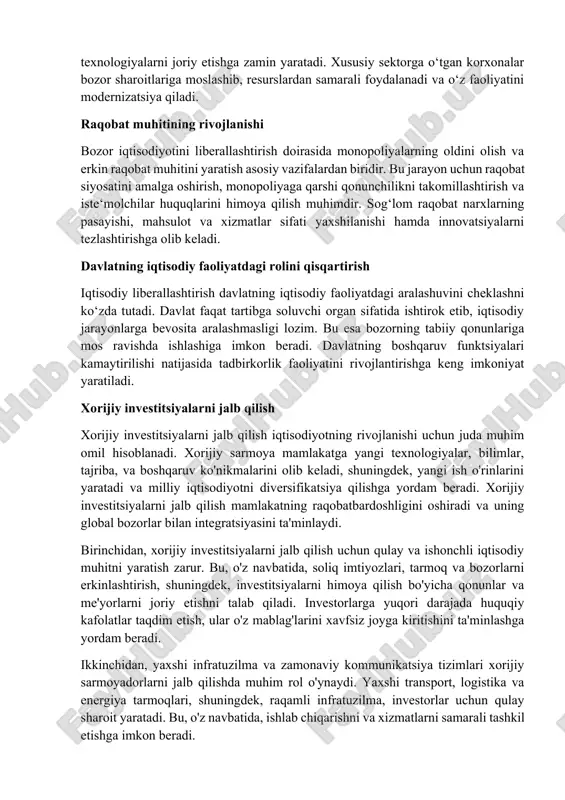 g tabiiy qonunlariga mos ravishda ishlashiga imkon beradi. davlatning boshqaruv funktsiyalari kamaytirilishi natijasida tadbirkorlik faoliyatini rivojlantirishga keng imkoniyat yaratiladi. xorijiy investitsiyalarni jalb qilish xorijiy investitsiyalarni jalb qilish iqtisodiyotning rivojlanishi uchun juda muhim omil hisoblanadi. xorijiy sarmoya mamlakatga yangi texnologiyalar, bilimlar, tajriba, va boshqaruv ko'nikmalarini olib keladi, shuningdek, yangi ish o'rinlarini yaratadi va milliy iqtisodiyotni diversifikatsiya qilishga yordam beradi. xorijiy investitsiyalarni jalb qilish mamlakatning raqobatbardoshligini oshiradi va uning global bozorlar bilan integratsiyasini ta'minlaydi. birinchidan, xorijiy investitsiyalarni jalb qilish uchun qulay va ishonchli iqtisodiy muhitni yaratish zarur. bu, o'z navbatida, soliq imtiyozlari, tarmoq va bozorlarni erkinlashtirish, shuningdek, investitsiyalarni himoya qilish bo'yicha qonunlar va me'yorlarni joriy etishni talab qiladi. investorlarga yuqori darajada huquqiy kafolatlar taqdim etish, ular o'z mablag'larini xavfsiz joyga kiritishini ta'minlashga yordam beradi. ikkinchidan, yaxshi infratuzilma va zamonaviy kommunikatsiya tizimlari xorijiy sarmoyadorlarni jalb qilishda muhim rol o'ynaydi. yaxshi transport, logistika va energiya tarmoqlari, shuningdek, raqamli infratuzilma, investorlar uchun qulay sharoit yaratadi. …