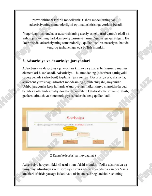 ni tozalash, havoni tozalash (masalan, gaz maskalari va filtrlarda), oziq-ovqat va dorilar sanoatida, oltin qazib olishda. 2. **zeoilitlar**: - **tarkibi va tuzilishi**: zeolitlar - alyuminosilikat minerallar bo‘lib, mikropora tuzilishga ega. ular odatda tabiiy va sintetik turlarga bo‘linadi. - **xususiyatlari**: ion almashtirgich xususiyati, selektiv adsorbsiyon, to‘yinganlikda barqarorlik. - **qo‘llanilishi**: neft-kimyo sanoatida katalizatorlar sifatida, gaz ajratishda, suvni yumshatishda. 3. **silika gellar**: - **tarkibi va tuzilishi**: silika gel - amorf silika (sio2) bo‘lib, yuqori ko‘poyma hajmiga ega. - **xususiyatlari**: yuqori namlik adsorbsiyon qobiliyati, termal barqarorlik, qayta ishlanish xususiyati. - **qo‘llanilishi**: oziq-ovqat va farmatsevtika mahsulotlarining namlikdan saqlanishida, gaz va suyuqliklarni quritishda. 4. **alumina**: - **tarkibi va tuzilishi**: alumina asosan aluminiy oksiddan tashkil topgan. - **xususiyatlari**: tez suyuqlik adsorbsiyon qobiliyati, termoyadroli barqarorlik, kimyoviy chidamlilik. - **qo‘llanilishi**: suvni adsorbsiyon orqali tozalash, qattiq-suyuqlik ajratishda katalizatorlar sifatida. 5. **polimerik adsorbentlar**: - **tarkibi va tuzilishi**: ushbu adsorbentlar sintetik polimerlardan iborat bo‘lib, mikropor va makropora strukturalarga ega. - **xususiyatlari**: tureli …