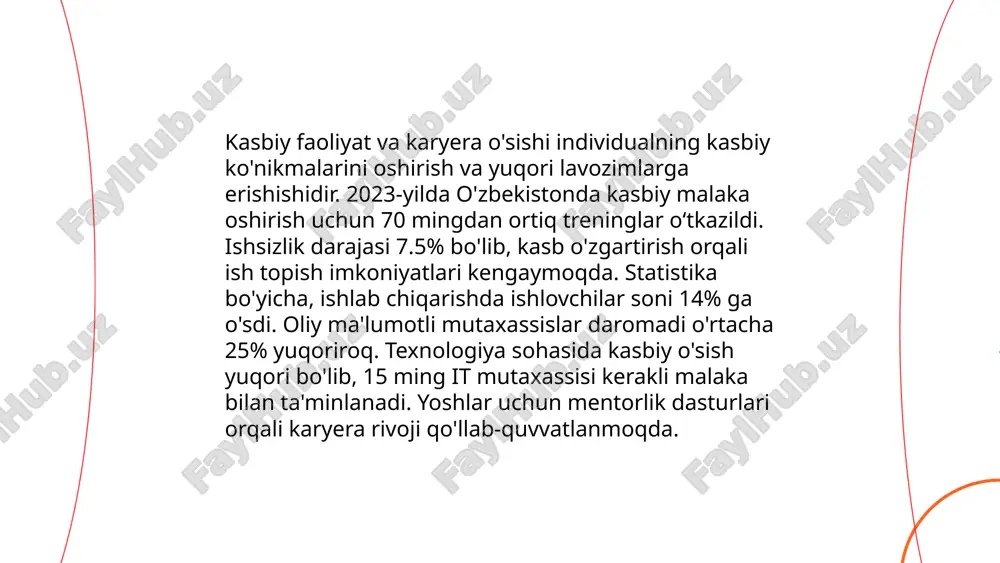 ni belgilash nafaqat hayot sifati uchun, balki ruhiy sog'liq uchun ham foydalidir. ... t.me/slaydai_bot stressni boshqarishga nafas olish texnikalari, muntazam jismoniy mashqlar va meditatsiya yordam beradi. o‘zbekiston respublikasida aholining taxminan 20% stress bilan bog‘liq muammolarga duch keladi. stressni kamaytirish uchun kundalik yurak urishi mashqlarini tavsiya etadilar, bu esa stress gormonlarini kamaytiradi. turli tadqiqotlar stressni boshqarishda uyg‘unlik va vaqtni samarali boshqarish qobiliyatlarining muhimligini ko‘rsatadi. o‘rtacha 7-8 soat uyqu sifati ham stressni kamaytirishga yordam beradi. stressni boshqarish bo‘yicha maslahatlar orasida ijtimoiy muloqot, qo‘shimcha yordam olish va yengillik hissi uchun kulgi ham muhim deb ta’kidlanadi. yetuklik davrining birinchi pogʻonasi 28-35 yosh oraligʻi raxmonova laylo e'tiboringiz uchun raxmat! image1.png image2.png image3.png image4.jfif image5.png image6.jfif image7.jfif image8.jfif