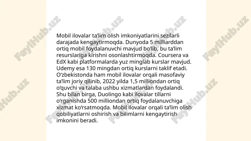 va instagram talabalarga ma’lumot ulashish va guruhlarda muhokama qilish imkoniyatini yaratadi. 75% o‘quvchilar va talabalar ijtimoiy tarmoqlar orqali o‘quv materiallariga ega bo‘ladi. masofaviy ta’limda ijtimoiy tarmoqlar o‘qituvchi va talaba o‘rtasidagi aloqani mustahkamlaydi. 60% pedagoglar ijtimoiy tarmoqlarni qo‘shimcha o‘quv resurslari sifatida ishlatadi. ammo, ijtimoiy tarmoqlarning haddan tashqari foydalanilishi diqqatni chalg‘itish imkoniyatiga ega, chunki 40% talaba o‘z vaqtini noto‘g‘ri boshqarish muammosiga duch keladi. ... t.me/slaydai_bot kompyuter simulyatsiyalari va modellarning ta’lim-tarbiyada qo‘llanilishi ta’lim samaradorligini yanada oshirishga xizmat qiladi. simulyatsiyalar murakkab kontseptsiyalarni amaliy tarzda o‘rganish imkonini beradi. jumladan, fizika, kimyo va biologiya darslarida tajribalar virtual tarzda amalga oshiriladi. 2015-yilgi tadqiqotlar shuni ko‘rsatdiki, raqamli ta’lim materiallari o‘quvchilarning bilim darajasini 30% ga oshirishi mumkin. shuningdek, tibbiyot sohasida virtual amaliyotlar orqali talabalar murakkab jarrohlik operatsiyalarini xavfsiz muhitda sinab ko‘rishlari mumkin. ta'limda texnologiyalarni joriy etish 2023-yilda global miqyosda 18% ga o‘sganligi qayd etilgan, bu esa simulyatsiyalarga bo‘lgan ehtiyojning ortganidan dalolat beradi. ... t.me/slaydai_bot 13. yoshlar klub va to‘garaklarida …