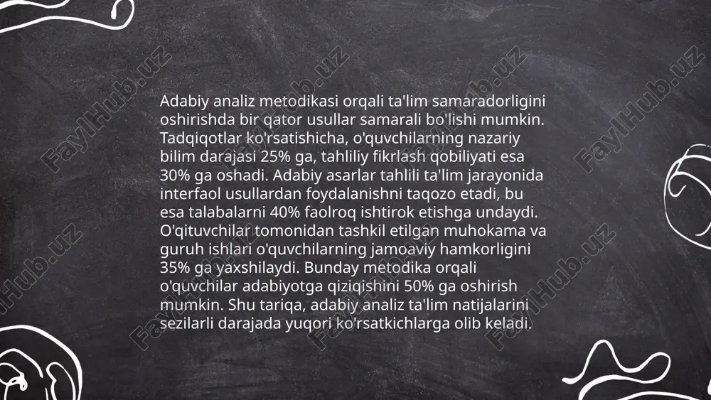 ari ta'lim jarayonida samarali foydalanishni ta'minlaydi. o'qituvchilarning 85 foizi multimediya o'quv jarayonini yaxshilaydi deb hisoblaydi. o'quvchilarning multimedia orqali axborot eslab qolish darajasi 60 foizga oshadi. bundan tashqari, 70 foiz o'quvchi video va grafikalar yordamida o'rganishni afzal ko'radi. elektron darsliklar va interaktiv taqdimotlardan foydalanish ta'lim muddatini 30 foizgacha qisqartiradi. 1000 dan ortiq maktablar multimediya resurslarini muntazam ishlatadi. shu bilan birga, multimediya vositalaridan foydalanish o'qitish jarayonini 50 foizga dinamizm qiladi va o'quvchilarning qiziqishini 40 foizga oshiradi. ... t.me/slaydai_bot mahalliy adabiyot milliy o'zlikni anglash va saqlashda muhim rol o'ynaydi. o'zbekiston ta'lim tizimida u darsliklar orqali o'quvchilarga yetkaziladi. 12-sinf adabiyot darsliklari sharof boshbekov, said ahmad va pirimqul qodirov kabi yozuvchilarning asarlarini o'z ichiga oladi. ushbu darsliklarda o'zbek yozuvchisi va shoirlarining hayoti hamda ijodi yoritilib, ularning asarlari tahlil qilinadi. o'quvchilarga adabiyotni chuqur o'rganish va milliy boyliklarni qadrlash imkoniyati beriladi. bu jarayon yosh avlodni ma'naviy jihatdan boyitishga xizmat qiladi. mahalliy adabiyot o'quvchilarning yozma va og'zaki nutq …