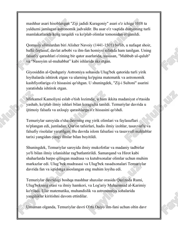 talabalar uchun ilmu ma'rifat maskani bo'lib xizmat qilgan. temuriylar davrida buxoroning me'moriy uslubi ham yuqori darajada rivojlangan. masalan, ismoil somoniy maqbarasi (ix-x asrlar) temuriylar davrida qayta rekonstruksiya qilingan va bu inshoot islom me'morchiligida yangi uslublarning kiritilishiga sabab bo'lgan. samarqand va buxoroda qog'oz ishlab chiqarish texnikasi ham rivojlangan edi. samarqand qog'ozi yuqori sifatli bo'lib, bu narsalar nafaqat o'rta osiyo madaniyatida, balki butun islom dunyosida keng tarqalgan. samarqand qog'ozi o'zining mustahkamligi va parlatilganligi bilan ajralib turgan va bu hududning jihatidan eng yuqori darajali mahsuloti kabilardan biri hisoblangan. shuningdek, temuriynoma yozuvi temuriylar davrining adabiy merosiga kiritilgan. "temur tuzuklari" nomi bilan mashhur bu asar temuriylar davlatining siyosiy, ijtimoiy va madaniy hayoti haqida ma'lumot beradi. tuzuklar fors tilida yozilgan bo'lib, keyinchalik boshqa tillarga ham tarjima qilingan. bu asar temur davrining qonun-qoidalari va tamoyillarini o'zida aks ettirdi. umuman olganda, samarqand va buxoroning temuriylar davridagi madaniyati faqatgina me'moriy inshootlar va yozma yodgorliklar bilan cheklanmagan. ular ilm-fan, adabiyot, …