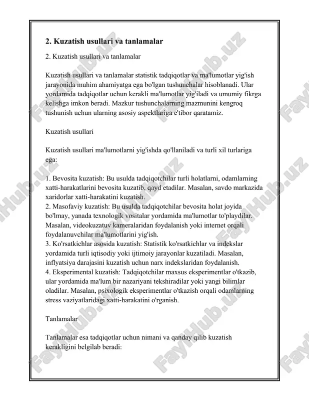 tasodifiy tanlanma usuli populyatsiyaning har bir individiga tanlanish imkoniyatini teng taqsimlaydi. 3. namuna olish: tanlama olishda asosiy etiborni quyidagi unsurlarga qaratish muhim: - reprezentativlik: namuna tanlagan populyatsiyaning asosiy xususiyatlarini toliq aks ettirishi kerak. - statistik xatolik: har qanday tanlama jarayoni malum darajada xatoliklarga ega bo'lib, notogri natijalarga olib kelishi mumkin, bu xato statistik xatolik deb ataladi va uni minimallashtirishga intilish zarur. - ortacha xato: ortacha qiymatlar orasidagi farqni ifodalaydi va tanlama kattaligi qanchalik katta bolsa, ortacha xato shunchalik kichik boladi. bu organilayotgan populyatsiyaning umumiy xulosa chiqarishda muhimdir. 4. ifodalilik darajasi: tanlamaning ifodaliligi statistik ma'lumotlarning aniqligi va natijalarning ishonchliligida namoyon bolib, xulosa va qarorlar qabul qilish jarayonini mustahkamlash uchun zarur. - konfidens darajasi: tanlamaga asoslangan natijalar qanchalik aniq va ishonchli ekanligini ifodalovchi darajadir. odatda bu 95% yoki 99% kabi keng tarqalgandir. - namunaning dispersiyasi: tanlama ichidagi individual o'zgarishlarni ifodalash uchun ishlatiladi, bu organilayotgan belgi tuzilishini togri aks ettiradi. 5. numerik misollar: …