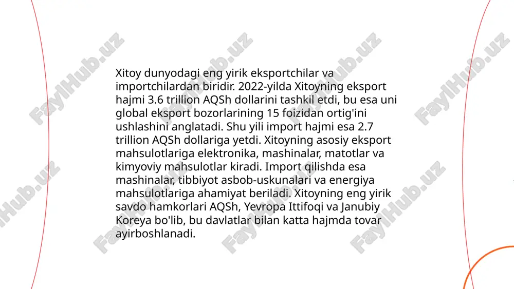ilda xitoy sun'iy intellekt sohasi uchun 27 milliard dollar ajratdi, bu esa mamlakatni bu sohada aqsh dan keyin ikkinchi o'ringa qo'ydi. 2019-yilga kelib, xitoy 5g tarmog'ini 500 ming ustunga kengaytirdi. shuningdek, xitoyning internet mavjudligi 2021-yilda aholining 70% dan ortig'ini qamrab oldi, bu esa 1 milliard foydalanuvchidan oshdi. dronlar sohasida, 2020-yilda xitoy jahon bozorining 74% ni egallab, yetakchi o'rinda turdi. bu raqamlar xitoyning texnologik rivojlanishda dunyoda dolzarb o'rin egallashini ko'rsatadi. ... t.me/slaydai_bot 13. xitoyning transport va logistika tarmoqlari xitoyning transport va logistika tarmoqlari dunyodagi eng rivojlanganlaridan biri bo‘lib, uning temir yo‘l tarmog‘i uzunligi 146,000 km dan ortiq, shu jumladan 38,000 km yuqori tezlikli temir yo‘llar mavjud. xitoydagi avtomobil yo‘llari tarmog‘i esa 5 million km dan oshiq. shuningdek, mamlakatda 230 dan ortiq aeroportlar mavjud bo‘lib, eng yiriklaridan biri pekin daxing xalqaro aeroportidir. yillik yuk hajmi bo‘yicha xitoyning dengiz portlari dunyo yetakchisi hisoblanadi; shenchjen, shanxay va ningbo portlari eng yiriklari qatoriga kiradi. tijorat …