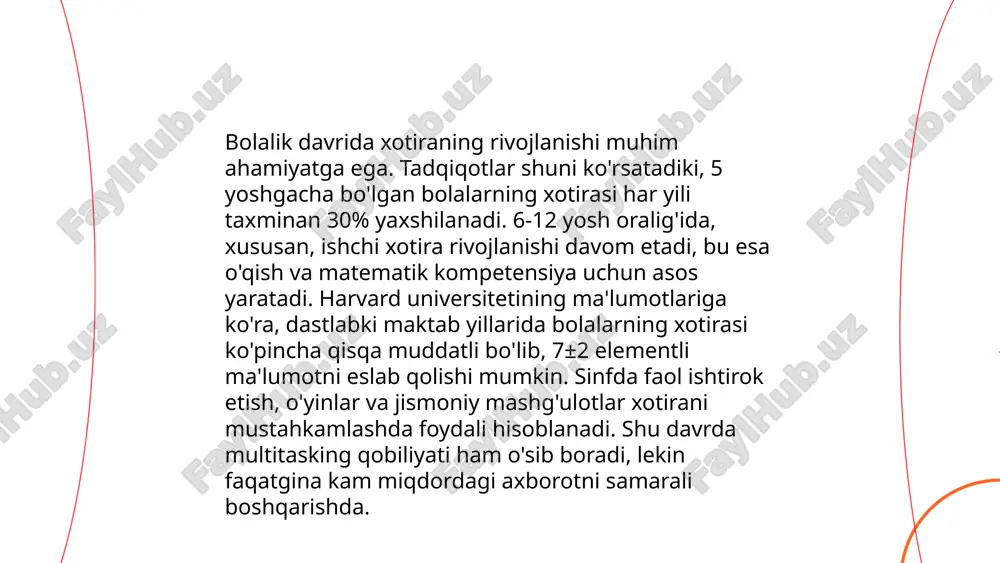 a cardio mashqlar tavsiya etiladi. uyqu muhim ahamiyatga ega, kuniga 7-8 soat uyqu talab etiladi. muntazam miya mashqlari, jumladan, krossvordlar va boshqotirmalar yordamida miya faoliyati yaxshilanadi. stressni boshqarish uchun meditatsiya va yoga tavsiya etiladi. ijtimoiy faoliyatlar ham xotirani mustahkamlaydi. suvni yetarlicha ichish va toza havo xotira pasayishini oldini olishda yordam beradi. ... t.me/slaydai_bot 12 yoshdagi bolalarda yosh va biologik xotira markazlari rivojlanishining muhim bosqichida bo'ladi. ushbu davrda miyada xotira va o'rganish bilan bog'liq neyron aloqalar kuchayadi. o'rganish qobiliyati va kognitiv funktsiyalar tez rivojlanadi, bu esa maktab ta’limida muvaffaqiyat uchun muhimdir. biologik xotira markazlari, ayniqsa, gipokampus va prefrontal korteks, ayniqsa faol bo'lib, yangi ma'lumotlarni saqlash va ishlov berishda muhim rol o'ynaydi. ushbu yoshdagi bolalar uchun muntazam aqliy mashqlar va sog'lom turmush tarzi, jumladan, yetarli uyqu va balansli ovqatlanish xotiraning optimal rivojlanishi uchun muhimdir. ... t.me/slaydai_bot 13. yoshga oid xotira buzilishlari 13 yoshdagi bolalarda xotira buzilishlari kam uchraydi, ammo kuzatilishi mumkin. bu …