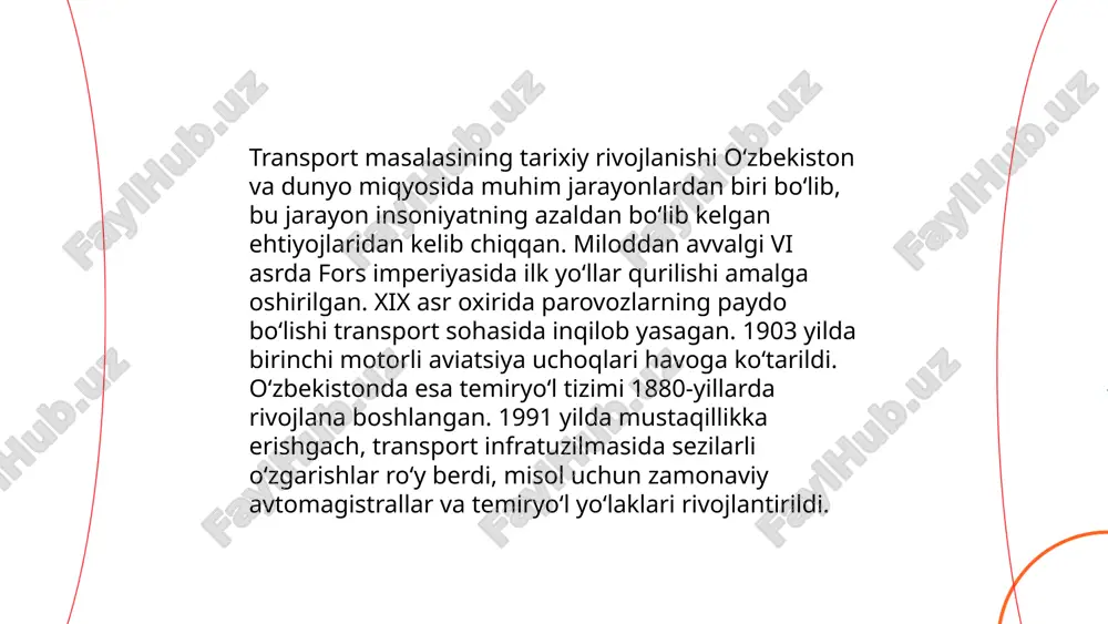 a. shuningdek, 2022 yilda toshkentda yo‘lovchi tashishda jamoat transporti ulushi 60% ga kamaydi. piyodalar uchun xavfsiz hududlar tashkil etish maqsadida shaharda 300 km yo‘l va 50 ta yo‘l o‘tish joylari mavjud. avtoulovlar uchun vaqtinchalik cheklovlar joriy etilib, tezlikni 60 km/soat ga cheklash e’lon qilingan. 2023 yil davomida benzin narxi 30% ga oshgan, bu esa transport xarajatlariga ta’sir ko‘rsatmoqda. jamoat transportida yo‘lkira narxining 15% ga oshishi ham kuzatildi. ... t.me/slaydai_bot 13. transport masalalari va ekologik muammolar transport masalalari va ekologik muammolar bugungi kundagi dolzarb masalalardan biridir. jumladan, transport vositalarining ko'payishi bilan havoga chiqariladigan zararli moddalar miqdori ham oshib bormoqda. o'zbekiston bo'yicha har yili 2,5 million tonna zararli gazlar atmosferaga chiqariladi. avtomobillarning ko'pchiligi eski va ekologik standartlarga javob bermaydi. shu sababli, toshkent shahrida so'nggi yillarda transport qatnovining zichligi 20 foizga oshib, bu esa tirbandlik va havo ifloslanishini kuchaytirmoqda. iqtisodiyot va atrof-muhit uchun zararlarni kamaytirish maqsadida elektromobillar va jamoat transportiga o'tish imkoniyatlari ko'rib …