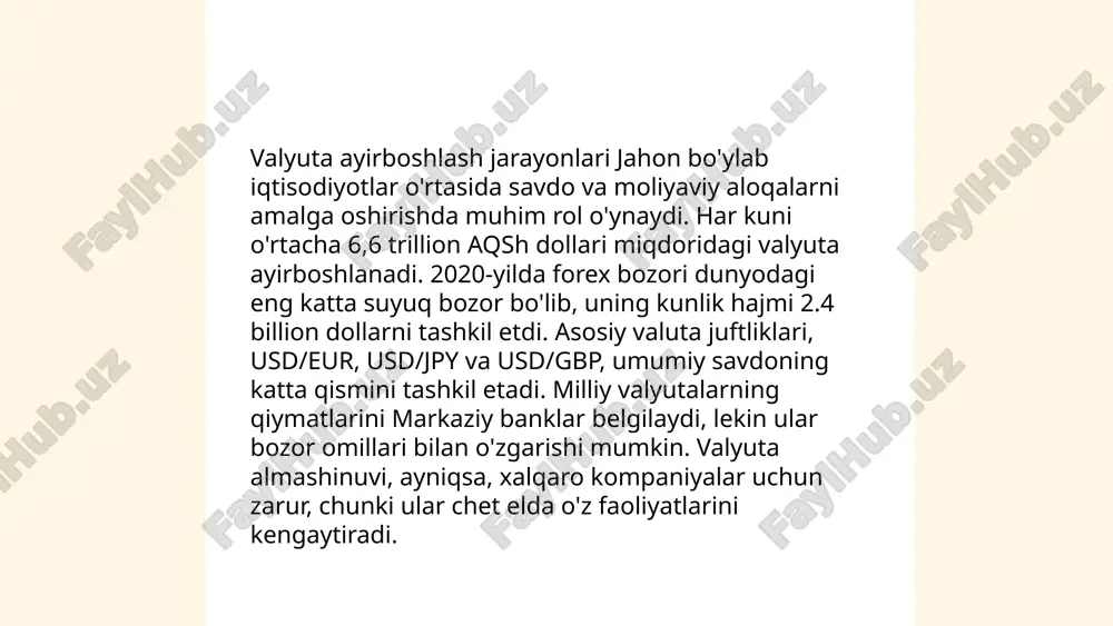 hujjat hisoblanadi. unda rezidentlar va norezidentlarning valyuta operatsiyalari, valyuta nazorati organlari va ularga yuklatilgan vazifalar ko'rsatilgan. shuningdek, markaziy bank, tijorat banklari va boshqa moliyaviy institutlar valyuta operatsiyalari bo'yicha muhim rol o'ynaydi. 2020-yilda qabul qilingan yangi valyuta qonuni valyuta bozorining liberallashuviga yo'naltirilgan oʻzgartirishlarni o'z ichiga oladi. ... t.me/slaydai_bot 12. xalqaro savdo va valyuta operatsiyalari mavzusi global iqtisodiyotda muhim o‘rin tutadi. o‘zbekistonning 2022-yildagi eksport hajmi 19,3 milliard aqsh dollarini tashkil etdi, import esa 25,5 milliard dollarga yetdi. o‘zbekistonning asosiy savdo hamkorlari sifatida rossiya, xitoy va qozog‘iston kabilar kiradi. valyuta operatsiyalarida so‘m asosiy milliy valyuta sifatida qo‘llanilib, mamlakat markaziy banki almashuv kurslarini nazorat qiladi. 2023-yilda o‘zbekiston aholisi 35 milliondan oshdi, bu esa ichki bozorga ham ta’sir etadi. xalqaro savdoda xizmatlar sektori ham o‘sish ko‘rsatmoqda, bu esa iqtisodiy diversifikatsiyaga yordam beradi. 2023-yilda o‘sish kutilmoqda. ... t.me/slaydai_bot 13. valyuta svoplari valyuta svoplari ikki tomonlama kelishuvlar bo'lib, kelajakda belgilangan muddat va shartlar asosida valyuta kurslarini almashtirish …