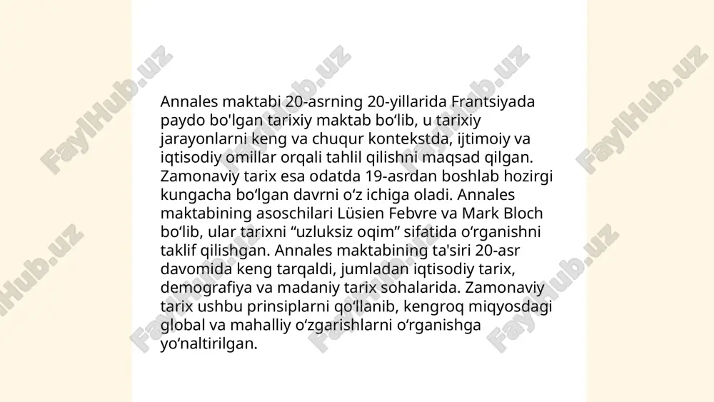 sial va iqtisodiy o‘zgarishlarni chuqur tahlil qiladi va yangi tushunchalar kiritadi. shu yo‘l bilan, mikrotarixchilarning maqsadi oddiy odamlarning kundalik hayotini va tarixiy jarayonlarga qo‘shgan hissasini yoritish hisoblanadi. ... t.me/slaydai_bot "annales maktabi" xx asrning 20-yillarida fransiyada asos solingan tarixiy maktabdir. ushbu maktabning asoschilari l. fevbr va m. blok bo‘lib, ular ijtimoiy fanlar va tarix metodologiyasini yangi yo'nalishda rivojlantirishgan. kollektiv xotira tushunchasi m. halbvaxs tomonidan ishlab chiqilgan bo‘lib, u inson xotirasi faqat individual bo‘lmay, jamoaviy omillarga ham bog‘liq ekanligini ta'kidlaydi. ushbu maktab tarixiy jarayonlar va xotira institutlarini keng o‘rganib, ijtimoiy strukturalar bilan o‘zaro bog‘liqligini ko‘rsatgan. kollektiv xotira orqali jamiyatlar o‘z o‘tmishini anglaydi va kelajak uchun maqsadlar belgilaydi. tarixiy antrapalogiyada annalar maktabi jasmina ilxomjonova e'tiboringiz uchun raxmat! image1.png image2.png image3.png image4.jfif image5.jpg image6.jfif image7.jfif image8.jfif