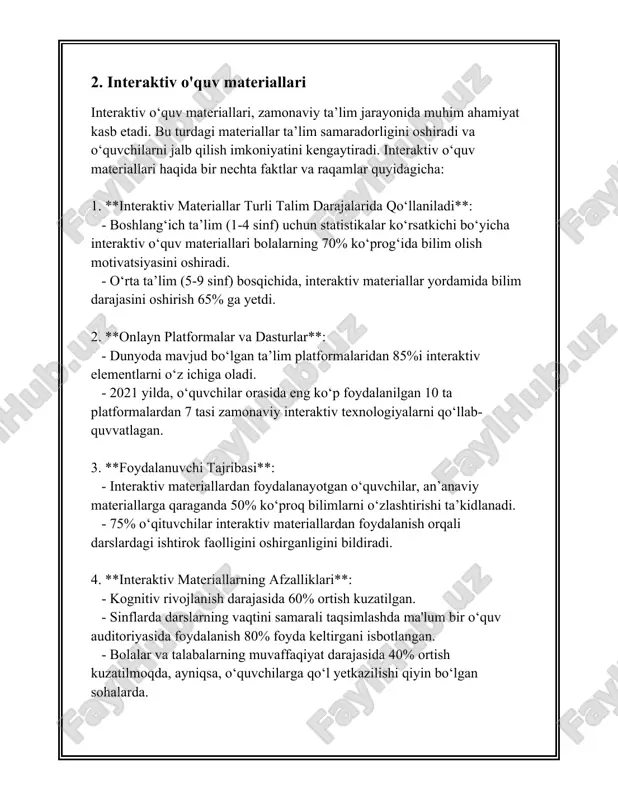 slarni o‘z vaqtiga moslashtirish imkoniyatini beradi. statistik ma’lumotlarga ko‘ra, masofaviy ta'lim oluvchilarning 70% dan ortig‘i ta’lim jarayonini ish, oila va boshqa majburiyatlarga moslashtira oladi. 7. **talabalar sonidagi cheklovlarning yo‘qligi**: an’anaviy ta'limda auditoriya hajmi yoki boshqa infratuzilma cheklovlaridan kelib chiqib talabalar soniga chegaralar qo‘yiladi. masofaviy ta'lim esa bunday cheklovlardan xoli bo‘lganligi sababli bir darsda minglab talabalar qatnashishi mumkin. 8. **turli manbalarga kirish imkoniyati**: masofaviy ta'lim resurslari qo‘shimcha materiallarga, onlayn kutubxonalarga, ilmiy maqolalarga kirish imkonini beradi, bu esa o‘quvchilar bilimini kengaytiradi va mustaqil o‘qish ko‘nikmalarini oshiradi. 9. **o‘qituvchilarning malakasini oshirish**: masofaviy ta'lim o‘qituvchilarni yangi pedagogik texnologiyalar bilan tanishtiradi va ularga o‘z metodikalarini oshirishlari imkonini beradi. bu afzalliklar masofaviy ta'limning kelajakdagi rivojlanishi va ommaviylashishiga turtki bo‘ladi. masofaviy ta'lim ayniqsa pandemiya sharoitida o‘zining dolzarbligini ko‘rsatdi, va bu davom etib kelayotgan jarayon ta’limni kelajakda qayta talqin qilishiga sabab bo‘lishi mumkin. 4. ta'lim platformalarining rol tafakkurni oshirishda 4. ta'lim platformalarining roli tafakkurni oshirishda ta'lim platformalari zamonaviy …