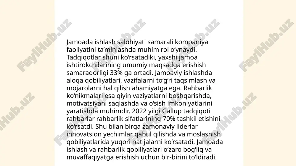 asosiy vositasi bo‘lib, nutq, yozma va noverbal aloqalarni qamrab oladi. muloqot madaniyatining o‘ziga xos jihatlari jamiyatning turli darajalari, ya’ni oila, maktab va ish joyida ko‘zga tashlanadi. til malakalarini rivojlantirish uchun kitob o‘qish, yozma mashqlar va nutqiy amaliyotlar samarali usullar sirasiga kiradi. shuningdek, zamonaviy texnologiyalar internet orqali muloqot imkoniyatlarini oshiradi. ... t.me/slaydai_bot 12. ishlash samaradorligini oshirish strategiyalari quyidagilardan iborat: 1) maqsadlarni aniqlash va ularga erishish uchun aniq reja tuzish. maksimal samaradorlik uchun kundalik va haftalik maqsadlar belgilang. 2) ishni birinchi galdagi vazifalarga ajratib, muhim ishlarni avvalo bajarishni ta’minlang. 3) vaqtni boshqarish tizimlaridan foydalaning, masalan, pomodoro texnikasi. 4) dağtagi qiyinchiliklarni yengish uchun motivatsiyangizni yuqori saqlang. 5) norasmiylikni kamaytirish va mashqlar, meditatsiya bilan ishdan chalg‘imaslikka harakat qiling. 6) samaradorlikni 40% ga oshirish uchun muntazam ravishda qisqa tanaffuslar qiling. 7) texnologiyadan samarali foydalanib, jarayonlarni avtomatlashtirish imkoniyatini o‘rganing. ... t.me/slaydai_bot 13. professionallik va ishda etik standartlar 13. kasbiylik va ishda etik standartlar mavzusi ish joyida …