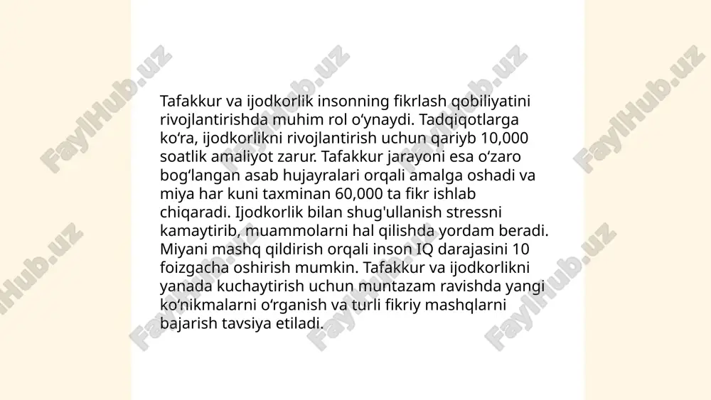 anish va nazorat qilish qobiliyatlariga bog'liqligini aniq qilishgan. deyarli 55% odamlarda bolaning go'daklik davrida rivojlanadigan tafakkur jarayonlari kelajakdagi qaror qabul qilish ko'nikmalariga ta'sir qiladi. ... t.me/slaydai_bot tafakkur va muammolarni hal etish inson ongining murakkab jarayonlaridan biridir. har bir inson bir kunda o‘rtacha 6-7 soat og‘ir tafakkur qilish imkoniyatiga ega. muammolarni hal etishda foydali bo‘lgan nog‘ora asosi (mind mapping) texnikasi 1970-yillarda toni buzan tomonidan ishlab chiqilgan. tagexozga ko‘ra, tafakkur samaradorligi ko‘pincha yaxshi uyqu va yo‘qlash imkoniyatlari bilan mustahkamlanadi. neyrobiologlar o‘rtacha olingan qarorlar sonini kuniga 35,000 deb baholashadi, bu esa davlat yoki tijorat sohalarida hal qilinishi kerak bo‘lgan muammolarni tez va sifatli yechishga yordam beradi. 2021-yilgi tadqiqotlar ko‘rsatadiki, kreativ tafakkur bilan shug‘ullanuvchilar ko‘proq innovatsion echimlarga erishadi. tafakkur norboboyeva mahliyo e'tiboringiz uchun raxmat! image1.png image2.png image3.png image4.jpg image5.jpg image6.jpg image7.jfif image8.jfif