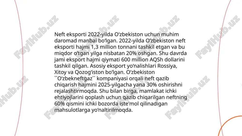 z hayotini xavf ostiga qo'yadi. atmosferaga har yili 40 milliard tonna karbonat angidrid gazi chiqariladi, bu global isish jarayonini tezlashtiradi. deyarli 1,2 milliard kishi ifloslangan ichimlik suvidan aziyat chekadi. dunyo bo'ylab o'rmonlarning qariyb 18 million gektari har yili yo'qolmoqda. shuningdek, oziq-ovqat chiqindilari global miqyosda 931 million tonnadan oshadi, bu esa resurslarning isrof bo'lishiga olib keladi. shu sababli, barqaror rivojlanish va atrof-muhit himoyasi jahon miqyosida dolzarb masala hisoblanadi. ... t.me/slaydai_bot 13. soliq siyosati 13. soliq siyosati mamlakat iqtisodiyotini barqarorlashtirish va resurslarni taqsimlashda muhim rol o‘ynaydi. soliq tushumlari davlat byudjetining asosiy manbai bo‘lib, ta'lim, sog‘liqni saqlash, infratuzilmani rivojlantirish kabi sohalarga yo‘naltiriladi. o‘zbekiston soliq tizimi 2019-yilda soddalashtirilib, jismoniy shaxslar uchun daromad solig‘i stavkasi 12% etib belgilandi. shuningdek, yuridik shaxslar uchun foyda solig‘i 15% tashkil etadi. qqs stavkasi 15% qilib belgilangan. 2021-yil ma’lumotlariga ko‘ra, jami soliq tushumlari yalpi ichki mahsulotning qariyb 24% ini tashkil etgan. soliq siyosatining samarali yuritilishi iqtisodiy o‘sish va aholi farovonligini …