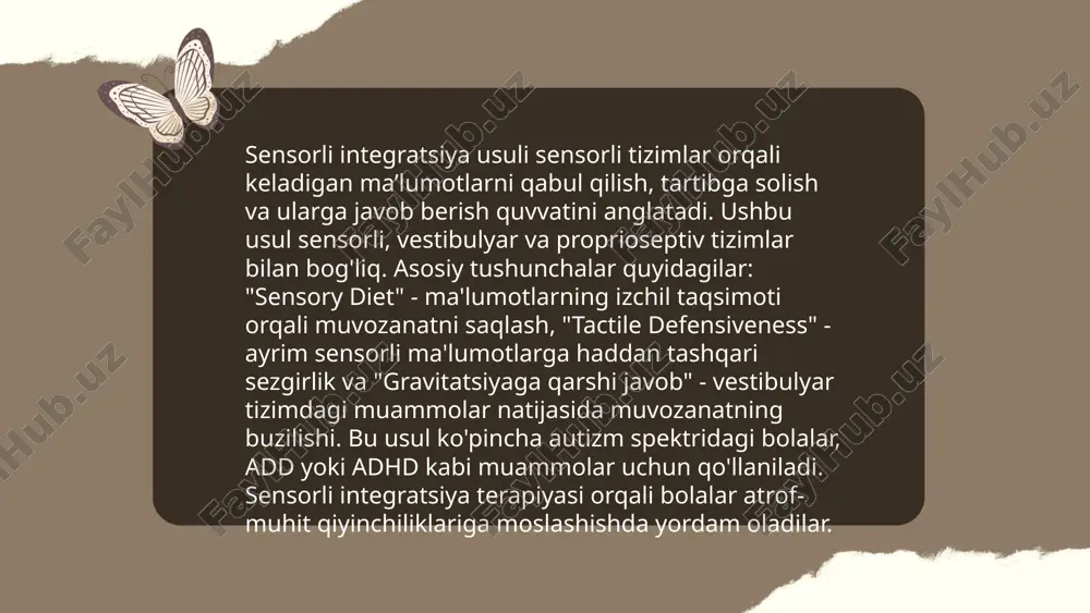 day sensorlar kundalik hayotda keng qo'llaniladi: smartfonlarda, sport o'lchov qurilmalarida va robotlarda. ularning sezgirligi odatda bir necha millig (milli-gravitatsiya) diapazonida bo'ladi, va aniqligi deg/sek (gradus/sekund) birlikda. zamonaviy sensorlar yuqori energiya samaradorligiga ega bo'lib, odatda bir necha millivattdan oshmaydi. odatda, ular 9 o'qli imu (inertial measurement unit) tarkibida ishlaydi. ... t.me/slaydai_bot ishlab chiqaruvchi terapiya va sensor integratsiya, bu usullar bolalar va kattalar uchun samarali reabilitatsion yondashuvlarni taklif etadi. ishlab chiqaruvchi terapiya orqali harakatlarni rejalashtirish va muvofiqlashtirish yaxshilanadi. sensor integratsiya usuli, ayniqsa, autizm spektri buzilishlari va sensor kontseptsiya qiyinchiliklarini boshdan kechirayotganlar uchun foydali. tadqiqotlar shuni ko'rsatadiki, 80% bolalar muammoli xatti-harakatlarning kamayishini sezishadi. har bir bemor uchun individual yondashuv ishlab chiqiladi. ushbu terapiyalar yordamida 50-70% bemorlar stressni kamaytiradi va moslashuvchanligini oshiradi. har bir seans taxminan 45-60 daqiqa davom etadi va muvaffaqiyat uchun 10-15 seans davolash kerak bo'lishi mumkin. ... t.me/slaydai_bot 12. sensorli integratsiya master-klasslari asosan bolalarning sensorli ma'lumotlarni qabul qilish va qayta ishlash …