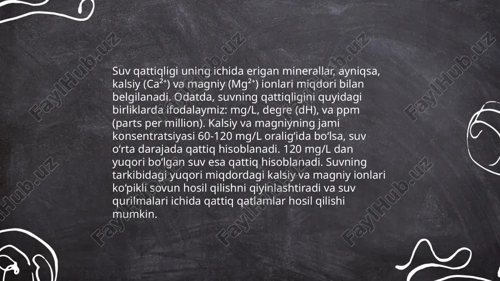 rining ko‘pishiga to‘sqinlik qilib, kir yuvish va boshqa maishiy ishlarni murakkablashtiradi. suvni yumshatishning bir qancha usullari mavjud. kimyoviy usullar yordamida suv tarkibidagi zararli ionlar zararsiz birikmalarga aylantiriladi. maxsus filtrlar orqali suvni tozalash ham samarali usullardan biri hisoblanadi. bundan tashqari, suvni qaynab bug‘latish yoki membrana texnologiyalari yordamida filtrlash orqali qattiqlikni bartaraf etish mumkin. suvni yumshatish texnologiyalari inson hayoti va ishlab chiqarishda muhim ahamiyatga ega. bunday usullardan foydalanish orqali suv sifatini oshirish, texnik vositalarni asrash va maishiy ishlarda qulaylikka erishish mumkin. shu sababli, suv qattiqligi masalasiga e’tibor qaratish va zamonaviy echimlardan foydalanish dolzarbdir. ... t.me/slaydai_bot foydalan adabiyotlar 1 mirziyoyev s. u. "kimyo va ekologiya asoslari". 2 rahimov b. "tabiat resurslaridan oqilona foydalanish". 3 "ekologiya asoslari" (o‘zbekiston respublikasi oliy ta’lim darsliklari). 4 "water science and technology" jurnali. 5 world health organization (who) rasmiysi ma’lumotlari. suvning qattiqligi va uni yumshatish usullari zafarov doniyor e'tiboringiz uchun raxmat! image1.png image2.png image3.png image4.jfif image5.png image6.jpg image7.jpeg image8.jpeg