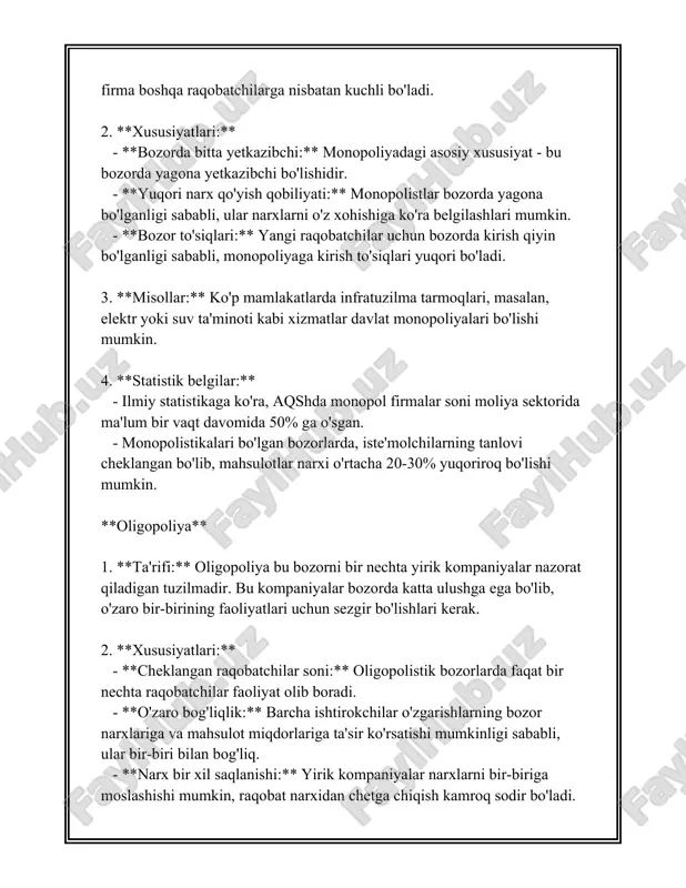 ba'zi mahsulotlarning o'rtacha narxlari yillik inflyatsiya darajasidan pastroq suratda o'sib bormoqda. 4. **raqobatning foydalari**: - raqobat iste'molchilarga sifatli tovar va xizmatlarni qulay narxlarda taqdim etishi mumkin. masalan, raqobat tufayli hindistonda mobil aloqa xizmatlarining narxi oxirgi 10 yil ichida 95 % ga arzonlashdi, bu esa aholi sonining ko'plab qismini raqamli infratuzilmalardan foydalanishga imkon yaratdi. 5. **energiya sektori**: - energiya sektori, ayniqsa, elektr energiyasi bozorlari, raqobatni oshirish orqali xarajatlarni kamaytirishga erishadi. aqshda elektr energiyasi yoyilmasidan foydalanuvchi maqbullashtirilgan davrali raqobat ko'rsatkichlari avvalgi yillarga nisbatan 20-30 % samaradorligini oshirgan. 6. **texnologik innovatsiyalar**: - raqobat texnologik innovatsiyalarni rag'batlantiradi. masalan, 2019 yilda global it va texnologiya kompaniyalari raqobat tufayli o‘z tadqiqot va rivojlanish xarajatlari uchun 1000 milliard dollargacha mablag‘ sarflagan. 7. **ish o‘rinlari yaratish**: - raqobatli korxonalar ko‘proq ish o‘rinlari yaratadi. jahon banki hisobotiga ko‘ra, raqobat yangi boshlanayotgan korxonalarning 70 % ga yaqini uch yil davomida o‘sib, qo'shimcha ish imkoniyatlarini yaratadi. 8. **anti-inflyatsion ta’sir**: - qattiq …