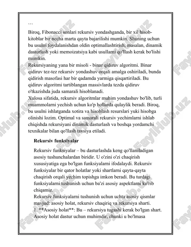 ketma-ketlik 0, 1, 1, 2, 3, 5, 8, 13, 21, va hokazo tartibda davom etadi. ko‘pgina matematik masalalar rekursiiv yondashuv orqali yechiladi. masalan, binomial koeffitsientlarni hisoblashda pascal uchburchagi xossasidan foydalanish mumkin. binomial koeffitsient \(\binom{n}{k}\) quyidagi rekursiya orqali hisoblanadi: \[ \binom{n}{k} = \begin{cases} 1, & \text{agar } k = 0 \text{ yoki } n = k, \\ \binom{n-1}{k-1} + \binom{n-1}{k}, & \text{boshqa holda}. \end{cases} \] bu tenglama matematika kombinatorial masalalarida ko‘p qo‘llaniladi, ayniqsa algebraik mashg‘ulotlarda. har bir binomial koeffitsient tasodifiy tanlangan $k$ ta elementni $n$ ta elementlardan tanlashning eng mujassamlashgan usulidir. rekursiyaga asoslangan yondashuv faqat matematik masalalarda emas, balki algoritmik yechish masalalarida ham keng qo‘llaniladi. misol uchun, eng qisqa yo‘lni topish yoki grafiklar bo‘yicha qidiruv algoritmlarini ishlab chiqishda ham rekursiyaga asoslaniladi. misol sifatida dfs (depth first search) algoritmini ko‘rsatish mumkin, uning yondashuvi rekursiv tarzda grafikning barcha elementlarini takroriy tekshirishi orqali amalga oshiriladi. ba'zi hollarda ortiqcha rekursiyadan qochish haqida o'ylash kerak, chunki …