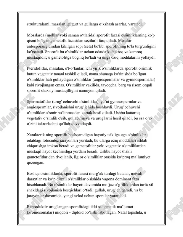 lari haqida koʻp axborot taqdim qiladi. masalan, qadimgi oʻsimliklarda gametofit va sporofit fazalar oʻrtasida sezilarli oʻxshashliklar bor edi, lekin zamonaviy urugʻli oʻsimliklarda ular morfologik va fiziologik jihatdan ancha farqlangan. gametofit fazasidagi oʻsimliklarning yetilishiga turli omillar taʼsir koʻrsatishi mumkin. suv, yorugʻlik, harorat va besleyici moddalarning mavjudligi gametopofitin o'sishi va rivojlanishi uchun muhimdir. gametofitlar moʻl-koʻl suvlarga muhtoj boʻlib, ayniqsa suvoʻtlar va moxlar kabi qadimgi oʻsimliklarda bu oʻsimliklarning hayotiy muhitga moslashishini belgilaydi. urugʻsizlik oʻsimliklar (masalan, moxlar va paporotniklar) gametofitlarini koʻpaytirishda rollsiz boʻlgani uchun ular jihatli suvli muhitda yashashga va urishtirishga diversifikasiya qila oladilar. ular hosil qilgan gametalar suvda harakatlanishi va qovushishi uchun suv havzalari yoki nam sharoitlar zarurdir. zararli sharoitlarda esa gametofitlar yashash qobiliyatini saqlab qolish uchun oʻz tuzilmalarini va funksiyalarini diversifikatsiya qilgan. misol uchun, quruq landshaftlarda, oʻsimliklar turli yoʻllar bilan suvni asrash qobiliyatiga ega boʻlgan. oʻsimliklarda gametofit fazasi koʻpincha hayot siklining taqsimlanuvchi fazasi hisoblanadi, chunki bu bosqichda koʻrsatish va hujayra boʻlinishini amalga …