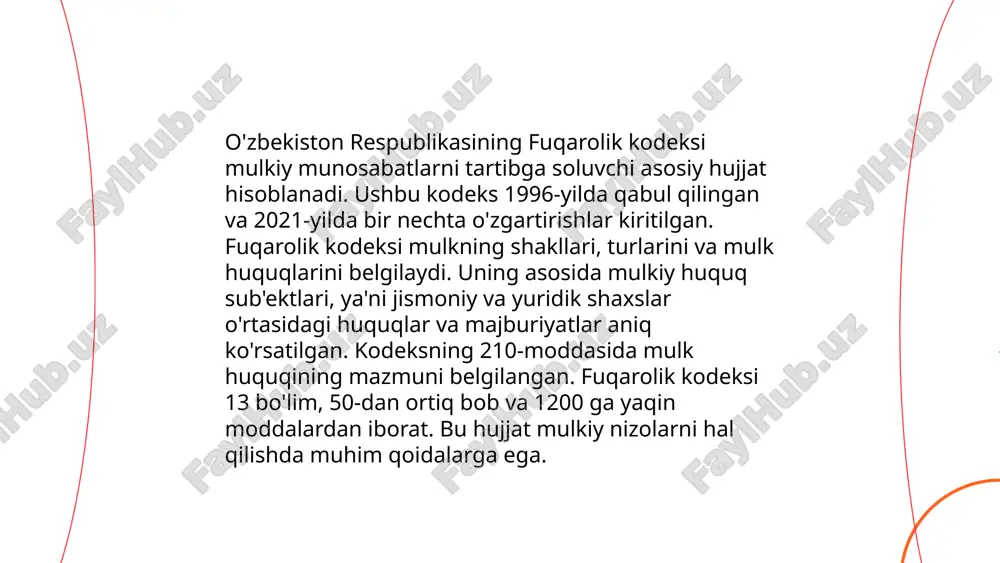 bo‘lib, ijarachi belgilangan haqni to‘laydi. ijara shartlarida tomonlar kelishuviga ko‘ra, ijaraning muddati, to‘lov miqdori, to‘lov amalga oshirilishi lozim bo‘lgan muddat va mulkning qaytarilishi haqidagi qoidalar belgilab olinadi. o‘zbekistonda ijara shartnomasida, odatda, ijara muddati 1-5 yilgacha bo‘lishi mumkin. ijara to‘lovi oyma-oy yoki yilda bir marta, kelishilgan muddatda amalga oshiriladi. ijarachi mol-mulkni ehtiyotkorlik bilan ishlatishi va o‘z vaqtida to‘lovlarni amalga oshirishi shart. mulknoma asosida mulk egasining roziligi talab qilinadi. ... t.me/slaydai_bot 13. xalqaro tajribada mulkiy huquqlar 13. xalqaro tajribada mulkiy huquqlar mavzusi bo'yicha turli davlatlarning tajribalari qiziqish uyg'otadi. misol uchun, shveytsariya mulkiy huquqlarini himoya qilish bo'yicha yuqori o'rinlarga ega. kanadada mulkdan foydalanganlik uchun soliq tizimi samarali boshqariladi. aqshda esa mulkiy huquqlar konstitutsiya orqali himoyalangan bo'lib, yuridik nizo holatlarida federal sudlar muhim rol o'ynaydi. jahon banki va iqtisodiy hamkorlik va taraqqiyot tashkiloti (oecd) mulkiy huquqlar indeksi orqali davlatlarning samaradorligini baholaydi, bu esa iqtisodiy o'sishni rag'batlantirishga yordam beradi. ba'zi davlatlar xalqaro standartlar asosida mulkiy …