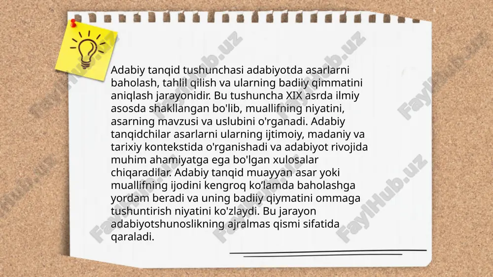 niqlash. ikkinchidan, tanqidchi tarixiy va ijtimoiy kontekstni hisobga olib, asarni tahlil qiladi. uchinchidan, yangi adabiy tendentsiyalarni aniqlash va ularning rivojlanishiga tasir korsatish. shuningdek, tanqidchilar asarlar va yozuvchilar o’rtasidagi aloqalarni tadqiq qiladi. axir, ularning faoliyati kitobxonlarga adabiy asarlarni to’g’ri tushunishda yordam beradi va adabiyotning umumiy rivojiga xizmat qiladi. tanqidchilikda aniq ilmiy yondashuv metodlari ishlatiladi, masalan, strukturalizm, poststrukturalizm va semiotika. ... t.me/slaydai_bot 10. adabiy tanqid metodi mavzusi adabiyotshunoslikda asarlarni tahlil qilish usullarini o'z ichiga oladi. bu metodlar asarning badiiy qimmatini, yozuvchi uslubini va mavzuni qanday yoritishini aniqlashga yordam beradi. adabiy tanqid tarixida turli metodlar, masalan, formalizm, strukturalizm, poststrukturalizm va boshqalar qo'llanilgan. har bir metod o'ziga xos yondashuv va prinsiplarga ega. masalan, formalizm asarning ichki tuzilishini va ma'lumotlarini tahlil qiladi, strukturalizm esa asarni kengroq madaniy va tilshunoslik nuqtai nazardan ko'rib chiqadi. bu metodlar asarlarning chuqurroq ma'nolarini tushunishda va adabiy jarayonlarni izohlashda muhim ahamiyatga ega. q.qaxramonov "adabiy tanqid: yangilanish jarayonlari" kitobini o'qib o'rganish yo …