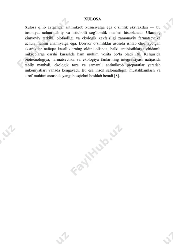 a’ni ekstraktning eng past konsentratsiyasi qaysi bakteriyani o‘stirmasligi kuzatiladi [5]. o‘zbekistonlik olimlar tomonidan o‘tkazilgan tajribalarda sarimsoq, moychechak va yalpiz ekstraktlarining e. coli, candida albicans va s. aureus mikroorganizmlariga qarshi yuqori samaradorligi qayd etilgan. bu esa o‘simlik ekstraktlarining tabiiy antibiotiklar sifatida ishlatilish imkoniyatlarini kengaytiradi [5]. dorivor o‘simlik ekstraktlari tibbiyot, farmatsevtika, kosmetologiya va oziq-ovqat sanoatida keng qo‘llaniladi. moychechak ekstrakti yara bitishini tezlashtiradi, atirgul ekstrakti teri kasalliklarida foydalidir, zanjabil ekstrakti esa ichki yallig‘lanishlarga qarshi ishlatiladi. shuningdek, ekstraktlar dori vositalarining asosiy komponenti — malham, sprey, sirop, antiseptik va kosmetik vositalarda keng ishlatiladi [6]. farmatsevtika sanoatida o‘simlik ekstraktlaridan foydalanish ekologik toza ishlab chiqarish jarayonlarini rivojlantiradi. chunki ular qayta tiklanuvchi resurslardan olinadi, kimyoviy chiqindilar hosil qilmaydi va inson salomatligiga zarar keltirmaydi. shu sababli, “yashil farmatsevtika” konsepsiyasi asosida tabiiy ekstraktlarga asoslangan mahsulotlar ishlab chiqish tobora kengaymoqda [6]. biotexnologik istiqbollar hozirgi vaqtda biotexnologik tadqiqotlar orqali o‘simliklardan biofaol moddalarning miqdorini oshirish, ularning turg‘unligini kuchaytirish hamda yangi antimikrob preparatlar yaratish …