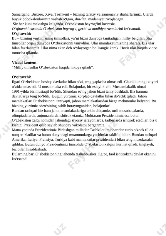 tamiz. muhtaram prezidentimiz esa butun o‘zbekiston xalqi nomidan jahondagi siyosiy jarayonlarda, tadbirlarda ishtirok etadilar, biz u kishini prezident qilib saylab shunday vakolatni berganmiz. mana yaqinda prezidentimiz birlashgan millatlar tashkiloti minbaridan turib o‘zbek tilida nutq so‘zladilar va butun dunyodagi muammolarga yechimlar taklif qildilar. bundan tashqari amerika, italiya, fransiya, turkiya kabi mamlakatlar prezidentlari bilan teng muzokaralar qildilar. butun dunyo prezidentimiz timsolida o‘zbekiston xalqini hurmat qiladi, tinglaydi, biz bilan hisoblashadi. bularning bari o‘zbekistonning jahonda tashabbuskor, ilg‘or, faol ishtirokchi davlat ekanini ko‘rsatadi. [image: image3.png] [image: image4.jpg] o‘qituvchi: aziz bolalar. darsimiz boshida sizlarga sayohatga chiqishimizni aytgan edim. bilib qo‘yinglar, bu sayohatga sizlar shunchaki tomoshabin yoki maktab o‘quvchisi bo‘lib chiqmaysizlar. bu sayohatda har biringiz “yosh elchi”, “yosh diplomat”, “yosh uchuvchi” “styuardessa”, “sportchi – jahon chempioni” “xalqaro konferensiyaga ketayotgan olim”, “jurnalist”, xullas, vatanimiz nomidan ilg‘or, yetakchi inson bo‘lib chiqasiz. qani, hamma o‘ziga biror rol tanlasin-chi! o‘quvchilardan “sen kim sifatida dunyoga chiqyapsan?” deb so‘raydi, javoblarni “barakalla” deb ma’qullab …