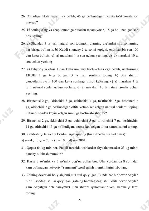 13 ga to’ladi. shunday bo’lishi mumkinmi? 8. bugun, ertangi kun va bir hafta oldingi kunlarning sanasi tub sonlar bo’lishi mumkinmi? 9. to’g’ri to’rtburchak shaklidagi jadvalga sonlarni har bir ustundagi sonlar yig’indisi musbat, har bir satrdagi sonlar yig’indisi manfiy qiladigan bo’lib joylashtirish mumkinmi? 10. to’g’ri to’rtburchakli jadvalga natural sonlarni har bir ustundagi sonlar yig’indisi 100 dan katta, har bir satrdagi sonlar yig’indisi esa 5 dan kichik bo’ladigan qilib joylashtirish mumkinmi? 11. shaxmat doskasida a) 9 ta rux b) 14 ta filni bir-birini “ura” olmaydigan qilib joylashtirish mumkinmi? 7 12. ikki xonali sonning raqamlar yig’indisi o’zidan 2, 3, …., 10 barobar kichik bo’lishi mumkinmi? 13. uch xonali sonning raqamlari yig’indisi sonning o’zidan 19 marta kichik bo’lishi mumkinmi? 38 marta-chi? 14. ikki xonali sonning birinchi raqami o’chirilgandaan keyin, uning qiymati 15 marta; 16 marta; 91 marta; 92 marta kamayishi mumkinmi? 15. uch xonali sonning raqamlari ko’paytmasi 22, 28, 350 ga teng bo’lishi mumkinmi? …