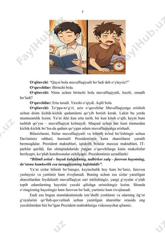 kat qildi. interaktiv faoliyat: oʻqituvchi: bolalar, ayting-chi, sizning ham shu haftada amalga oshiradigan aniq maqsadlaringiz bormi? oʻquvchilar: boor. oʻqituvchi: qani, aytinglar-chi. bolalar maqsadlarini aytadilar. masalan, “bu chorakni faqat “5” baho bilan yakunlayman”, “suzishni oʻrganaman”, “kitobni oʻqib tugataman”, “ingliz tilidan soʻz yodlayman” va hokazo. oʻqituvchi: maqsadlarga qanday erishamiz? bunda bizga “maqsad daraxti” yordam beradi. https://youtu.be/tbivcdavg3k 7 mana, “maqsad daraxti” rasmi. demak, muvaffaqiyatga erishish uchun avval maqsadni aniq qilib olish kerak ekan. undan soʻng reja tuzish kerak. undan keyin harakat qilish kerak ekan. ana shunda maqsad mevaga aylanar ekan. buni bilib oldik. sizlar aytgan maqsadlarni “maqsad daraxti”ning ildizlariga ulab qoʻyamiz. ular rejaga, harakatga va albatta mevalarga aylanadi. bolalar orzularini stikerlarga yozib daraxtning ildizi uchlariga yopishtirishadi. oʻqituvchi: bolalar, kelinglar endi oʻzi maqsadiga erishgan yosh startapchi haqida video tomosha qilamiz. vizual kontent amerikaga borgan qoraqalpoq qizi – alfiya amangeldiyeva https://youtu.be/b_6aqx0dkh0 video muhokamasi (2 daqiqa) 2-bosqich: “startap” nima? “startaper” kim? https://youtu.be/b_6aqx0dkh0 8 oʻqituvchi doskaga “start+up” …