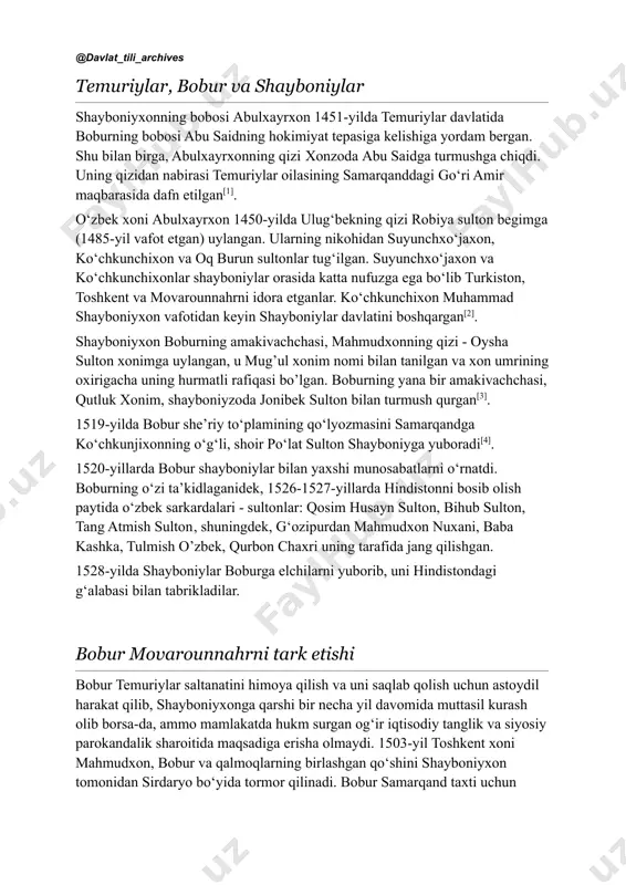 arafi viloyatlarini…“ qoldiradi, andijon tarafi viloyatlarini oʻz tasarrufiga oladi. https://uz.wikipedia.org/wiki/samarqand https://uz.wikipedia.org/wiki/sulton_ahmad_mirzo https://uz.wikipedia.org/wiki/sulton_ahmad_mirzo https://uz.wikipedia.org/wiki/vafot https://uz.wikipedia.org/wiki/1494 https://uz.wikipedia.org/wiki/iyul https://uz.wikipedia.org/wiki/sulton_mahmud_mirzo https://uz.wikipedia.org/wiki/kasallik https://uz.wikipedia.org/wiki/buxoro_tarixi https://uz.wikipedia.org/wiki/boysung%ca%bbur_mirzo https://uz.wikipedia.org/wiki/1497 https://uz.wikipedia.org/wiki/kuz https://uz.wikipedia.org/wiki/boysung%ca%bbur https://uz.wikipedia.org/wiki/qunduz https://uz.wikipedia.org/wiki/shahar https://uz.wikipedia.org/wiki/qamal https://uz.wikipedia.org/wiki/don https://uz.wikipedia.org/wiki/qo%ca%bbshin https://uz.wikipedia.org/wiki/navkar https://uz.wikipedia.org/wiki/andijon https://uz.wikipedia.org/wiki/jahongir_mirzo https://uz.wikipedia.org/wiki/xo%ca%bbjand https://uz.wikipedia.org/wiki/muxolifat https://uz.wikipedia.org/wiki/toshkent https://uz.wikipedia.org/w/index.php?title=mahmudxon&action=edit&redlink=1 https://uz.wikipedia.org/wiki/bek https://uz.wikipedia.org/wiki/reja https://uz.wikipedia.org/wiki/marg%ca%bbilon https://uz.wikipedia.org/wiki/1498 https://uz.wikipedia.org/wiki/iyun https://uz.wikipedia.org/wiki/sulh @davlat_tili_archives samarqandni bosib olish uchun qilingan harakatlar temuriylarning oʻzaro urushlari kuchaygan kezlarda shayboniyxon movarounnahrni istilo qilishga kirishadi. u 1499-yil jizzax va samarqand orqali qarshi va shahrisabzgacha bosib boradi, katta oʻlja bilan dashti qipchoqqa qaytadi. oradan koʻp oʻtmay, katta kuch bilan movarounnahrga qaytgan shayboniyxon buxoro va qorakoʻlni egallaydi (1499), sulton ali mirzo kaltabinlik bilan samarqandni shayboniyxonga jangsiz topshiradi (1500), biroq shahar aholisi va zodagonlarining maʼlum qismi temuriylar hukmdorligini tiklash tarafdori edi. ular fargʻona hokimi boburga maktub yoʻllab, s