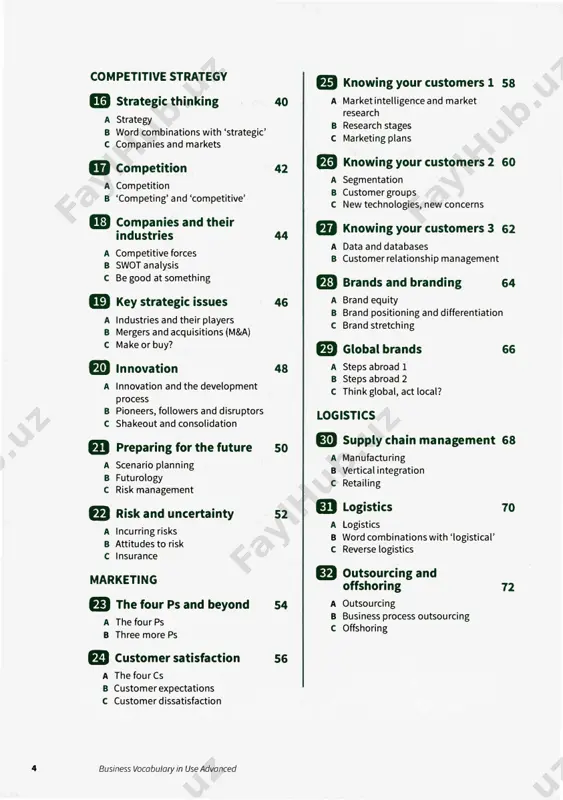 dvanced 7 8 introduction who is this book for? business vocabulary in use advanced builds on the success of business vocabulary in use intermediate. it is designed to help advanced learners of business english to improve their business vocabulary. it is for people studying english before they start work and for those already working who need english in their job. the emphasis is on language related to today's important, and sometimes controversial, business issues. you can use the book on your own for self-study, or with a teacher in the classroom, one-to-one or in groups. how is the book organized? the book has 66 two-page units. the first 59 of these are thematic and look at the vocabulary of business areas such as human resources, quality, strategy, logistics, it, marketing, finance, corporate responsibility and the global economy. there are then three units which focus on the language of the skills …