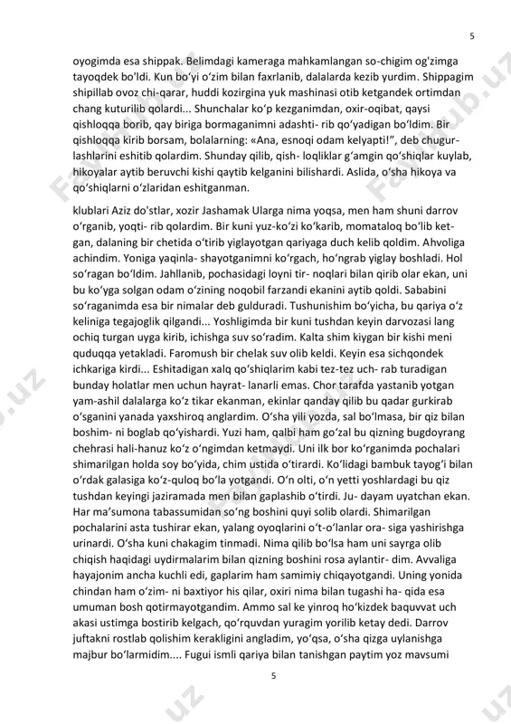 taxt yiroq, yo‘l uzoq, ilojsiz moq!” kuyov bo‘l-yo‘l olis bo‘lgani uchun imperatorning kuyovi bo‘- lishni istamayotganmish! qariyaning o‘ziga bu qadar yuqori baho berishi kulgimni qistatdi. xo‘kiz tagin sekinlab qolgandi, chol yana baqira ketdi: «erchi', yuchin, qani, qani, to‘xtash yo‘q! qara. jiashen va fengxia qanday yaxshi haydashapti yerni! hatto kugen ham buni uddalayapti!”.bir bosh ho‘kizga shunchalar ham ko‘p ism qo‘yila- dimi? qiziqib, dala oraladim. qariyaga yaqinlashgach: «bu ho‘kizning nechta laqabi bor o‘zi?” dedim. chol xitoycha ismlarning berilishida standartlashtirilgan trans kripsiya asos qilib olindi. shu bois ular asl talaffuzi va yozili shidan farq qilishi mumkin. omochga suyangancha qaddini rostlab, menga boshdan oyoq sin solib qaradi: 7 7 sen shaharliksan, shundaymi? ha, - deya bosh irgadim. qariya ishonch bilan «bir qarashdayoq sezgandim o‘zi”, dedi. xo‘sh, bu ho‘kizning nechta laqabi bor? limni takrorladim. savo- qariya «bu ho‘kiz fugui. uning bitta laqabi bor, xolos”, deb javob berdi. lekin biroz avval bir nechta ism bilan chaqir- …