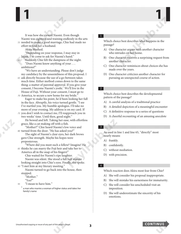 o the previous question? a) line 39 (“i don’t . . . you”) b) lines 39-42 (“normally . . . community”) c) lines 58-59 (“depending . . . japan”) d) lines 72-73 (“i see . . . you”) 1 1 ............................................................................................................................................................................................................................................................................................................... unauthorized copying or reuse of any part of this page is illegal. co nti n u e4 questions 11-21 are based on the following passage and supplementary material. this passage is adapted from francis j. flynn and gabrielle s. adams, "money can't buy love: asymmetric beliefs about gift price and feelings of appreciation." ©2008 by elsevier inc. every day, millions of shoppers hit the stores in full force—both online and on foot—searching frantically for the perfect gift. last year, americans spent over $30 billion at retail stores in the month of december alone. aside from purchasing holiday gifts, most people regularly buy presents for other occasions throughout the year, …