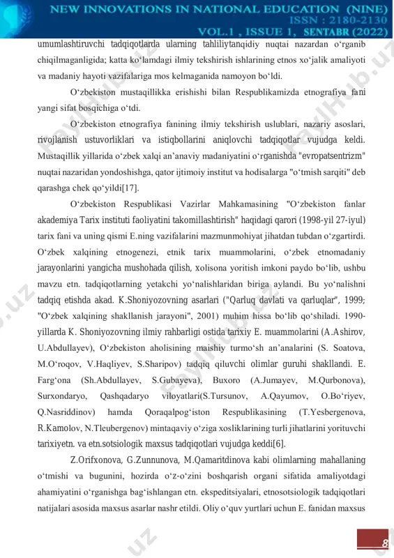 a.boltayev, ya.gʻulomov, sh.inogʻomov, t.mirtyosov, m.saidjonov, x.husanboyev, k.yusupov va boshqalar oʻzbekistonda muzey ishini yoʻlga qoʻyish va rivojlantirishga, muzeylarda etn. kolleksiyalarni koʻrgazmaga qoʻyishga tayyorlash boʻyicha muhim ishlarni amalga oshirishdi[15]. 1943-yil 4-noyabrda oʻzfa til, adabiyot va tarix instituti asosida tarix va arxeologiya instituti tashkil etilib, uning tarkibida 6 boʻlim, shu jumladan, akad. m.andreyev rahbarligidagi e. boʻlimi ham bor edi. boʻlim respublikada etn. tadqiqotlarning yetakchi markazi boʻlib qoldi. xorazm arxeologiyaetnografiya ekspeditsiyasining tashkil etilishi va faoliyat olib borishi (rahbarlari s. tolstov, t.jdanko) oʻzbekistonda e. fanining rivojlanishida muhim bosqich boʻldi. xorazm ekspeditsiyasi mobaynida qoraqalpoqlar e.sining maxsus oʻrganilganligi, qoraqalpogʻistonda etn. fikrlarning shakllanishi uchun asos boʻldi. 1960—80 yillarda oʻzbek hamda qoraqalpoq xalqlarining etnogenezi va etnik tarixi boʻyicha faol tadqiqotlar olib borildi (v.p.alekseyev, a.a.asqarov, o.suxareva, t.k.xojayov va boshqalar). oʻzbeklar etnik tarixini oʻrganish bevosita akad. k.shoniyozov nomi bilan bogʻliq[5]. oʻzbekiston xalqlari folklori, oʻzbekiston dekorativ va amaliy sanʼatining turli sohalari, xalq musiqasi, teatri, raqs sanʼati, kiyimlari, anʼanaviy xalq taomlari, kishilarning maʼnaviy …