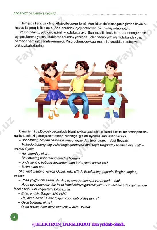 oy. o'sha yuksaklikdan shimol tarafdagi yam- yashil, bepoyon kengliklarni tomosha qilar edim, ko'ksimni to‘ldirib nafas olardim. ayniqsa, bu joylarda janub kechalari, yulduzli osmon nihoyatda go'zal bo'lar edi. tim qora osmonda qo'l cho'zsang yetgudek ulkan-ulkan novvotrang yulduzlar charaqlab turadi. hayotimda bunday go'zal manzaralarni keyin uchrata olmadim... she’rlarim avval tuman, viloyat gazetalarida chop etilgan bo‘lsa-da, birinchi marta respublika gazetasida “qushcha" degan she’rim bosilib chiqqan... bu orada qanchadan qancha she’rlarim, to'plamlarim chop etildi. biroq ilk she’rim bosilib chiqqan o'sha daqiqalar, uning quvonchi sira-sira esimdan chiqmaydi”. mana o'sha she’r bilan tanishing: qushcha goh butoqqa, goh gulga qo'nar, tinim bilmas sayroqi qushcha. nechun bahor seni rom etgan, qayda eding bahor kelguncha? kei, yashaylik hamisha birga, bizda bahor, gullar- barchasi. bilsang, men ham chaman o'lkamning sho'x va quvnoq, shod o'g'ilchasi. abdulla oripov o'zbekiston qahramoni, o'zbekiston xalq shoiri kabi yuksak unvonlarga sazovor bo'lgan. u o'zbekiston respublikasi davlat madhiyasi matnining muallifi. shoir 2016-yil 5-noyabr kuni vafot etgan. @elektron_darslikbot …