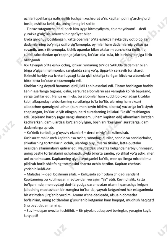 n ekan. dadamlar astoydil ranjidilar. – umrimda bir marta senga muzqaymoq olib bermoqchi boʻlgandim, bu ham nasib qilmadi-yov, bolam! – dedilar, u kishi allaqanday chuqur oʻkinch bilan. uyga borganimizda chiroqlar yongan, hovlidagi oʻchoqqa qozon osilgan, bizdan avval yetib kelgan katta opamlar bilan oyimlar oʻchoq atrofida kuymalanib yurishar, pochchamlar koʻrinmas edilar. dadamlar ichkariga kirib ketdilaru darhol qaytib chiqdilar. chehralari ochilgan, kayflari chogʻ edi. – sakuda birga oʻqigan eski qadrdonlarim kelishipti. qalay, tuzukroq goʻsht- poʻshtlaring bormi, gulshan? – dedilar dadamlar oyimlarga qarab. – bor bisotingni dasturxonga toʻkasan bugun… marhum volidamizda jindak shaddodlik boʻlardi. – siz qozon-oʻchoq atrofida aylanavermay ichkariga kirib mehmonlaringizga qarayvering! – dedilar shartta kesib. dadamlar oyimlarning bu sal yasama qoʻrsligiga kulimsirab, ichkariga kirib ketdilar. hovlimizda, shundoq oʻchoq yonida bir tup gujum oʻsar, gujum tagida chuqur quduq boʻlar, issiq yoz va iliq kuz kunlari goʻshtni shu quduqda asrardik. oyimlar menga quduqdan goʻsht olib ber, – dedilar. men quduq changʻirogʻining dastasini aylantirib, …