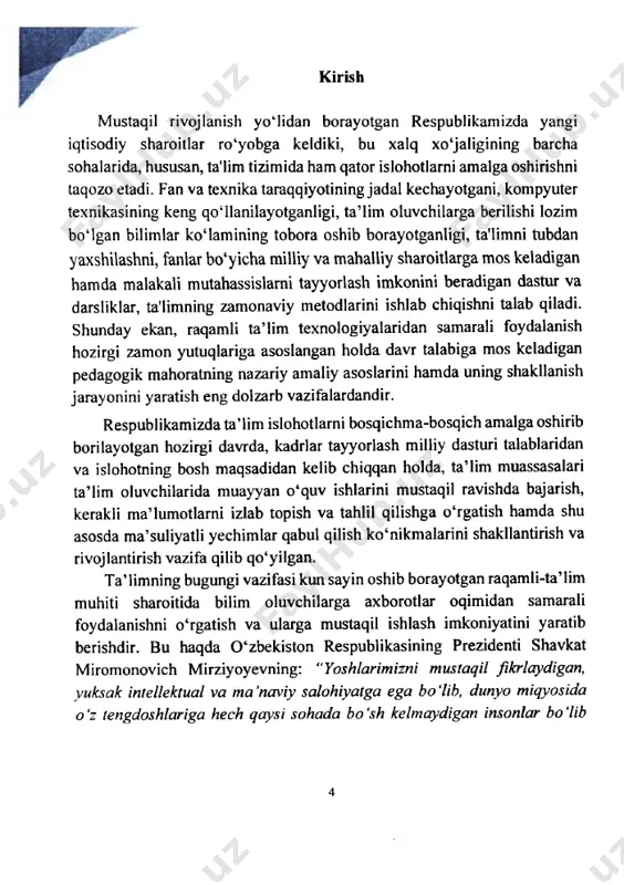tonda ham ko‘plab ishlar amalga oshirilmoqda. jumladan 0 ‘zbekiston respublikasi prezidentining 2020 yil 6 oktiabrdagi “axborot texnologiyalari sohasida ta’lim tizimini yanada takomillashtirish, ilmiy tadqiqotlarni rivojlantirish va ularni it-industriya bilan integratsiya qilish chora-tadbirlari” to‘g ‘risidagi pq-4851-son qarorida “raqamli 0 ‘zbekiston — 2030” strategiyasini muvaffaqiyatli amalga oshirish, raqamli texnologiyalarni rivojlantirish va aholining kundalik hayotiga keng joriy etishni ta’minlashning muhim shartlari va u bilan bog‘liq jarayonlar belgilab berildi. shuningdek prizidentning 2018 yil 3 iyulda “0 ‘zbekiston respublikasida raqamli iqtisodiyotni rivojlantirish chora-tadbirlari” to‘g ‘risida pq-3832-son qarori ham raqamli texnologiyalarni iqtisodiyotga keng joriy qilish bilan bog‘liq huquqiy faoliyat keltirib o‘tildi. raqamli texnologiyalar ma’lumotlarni ishlab chiqaradigan, saqlaydigan yoki qayta ishlaydigan elektron vositalar, tizimlar, qurilmalar va resurslardir. bunga big data, bulutli texnologiyalar, mashinani o‘rganish, internet, turli veb-sayt va platformalar, raqamli televideniya, video streaming (onlayn video), elektron kitoblar, ijtimoiy media, onlayn o‘yinlar, 3d printerlar, kengaytirilgan reallik (ar), multimedia va mobil telefonlarni misol qilish mumkin. ayrim tadqiqotchilar bu jarayonga …