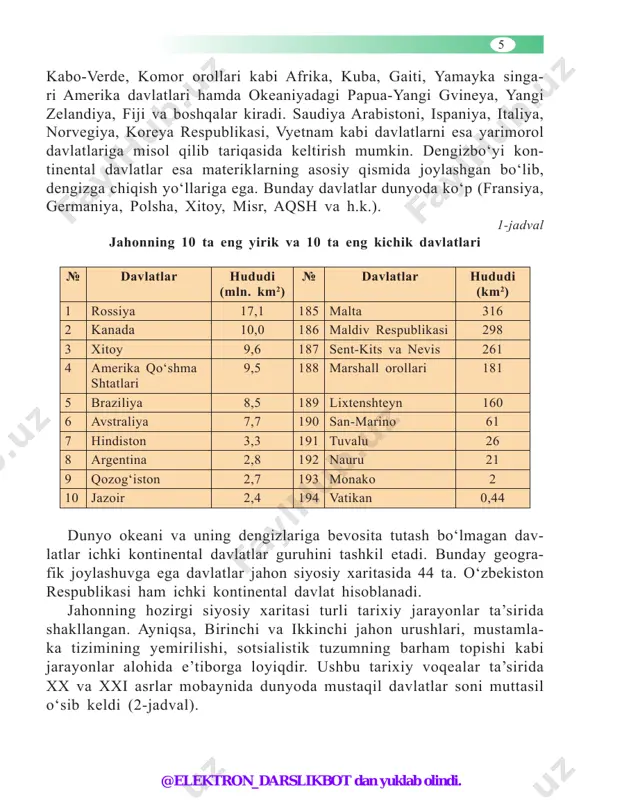 mustaqil bo‘ldi. yugoslaviya tarkibida o‘shanda faqat serbiya bilan chernogoriya qoldi. 2006-yilda esa chernogoriya serbiyadan ajralib, mustaqil davlatga aylandi. 1993-yil 1-yanvardan chexoslovakiya davlati o‘rnida chexiya va slo- vakiya mustaqil respublikalari barpo bo‘ldi. jahon siyosiy xaritasidagi bu o‘zgarishlar xalqaro sotsialistik tuzumi- ning barham topishi bilan bog‘liq. shuningdek, ushbu jarayon bilan bog‘liq ravishda 1990-yilda yevropada ikki nemis davlati (germaniya federativ respublikasi va germaniya demokratik respublikasi) qo‘shilishi natija- sida yagona germaniya federativ respublikasi, osiyoda esa yaman arab respublikasi va yaman xalq demokratik respublikasi birlashishi hisobiga yagona yaman respublikasi tashkil etildi. boshqa siyosiy jarayonlar ta’sirida ham jahonning siyosiy xaritasida yangi suveren davlatlar paydo bo‘lishi davom etdi. afrikada 1993-yilda ko‘p yillik urush natijasida eritreya efiopiya tarkibidan ajralib, suve- @elektron_darslikbot dan yuklab olindi. 7 ren davlat maqomiga ega bo‘ldi. okeaniyada 1994-yilda palau davlati aqshning nazorati ostidagi hududdan mustaqil davlatga aylandi. janu- bi-sharqiy osiyoda 2002-yilda sharqiy timor mustaqil davlatlar qatorini to‘ldirdi. afrika qit’asida 2011-yil 9-iyulda referendum natijalariga ko‘ra, …