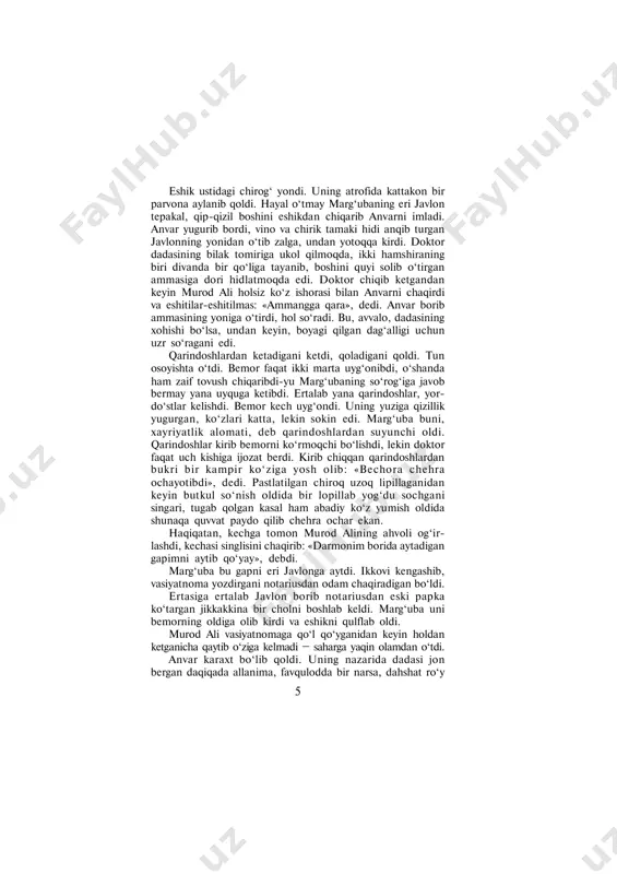 . bu so‘zlar anvarning huvillab qolgan qop-qorong‘u qalbiga go‘yo uchqun sochib kirdi, uning ko‘nglinigina emas, butun olamni yoritdi. uning ko‘zi siyraklab qolgan odamlar orasidan ko‘rinib turgan qabrga, qabrni ko‘mib odam bo‘yi ko‘tarilgan gulchambarlarga tushdi. shu choq javlon uni qo‘lidan tortib 7 turg‘izdi va qo‘ltiqlaganicha mashinaga tomon olib ketdi. o‘rtoqlari uni mashinagacha kuzatishdi. mashina qo‘zg‘al- ganda boyagi qiz derazadan galstugini uzatib yana bir marta: «mard bo‘ling, anvarjon!» dedi. anvar boyagi xotin bilan qora kishi, bu nozik qiz kimlar ekanini bilolmay ketaverdi. so‘rashning mavridi emas edi. kunlar o‘tdi. anvar dadasining qirqi o‘tgandan keyin bir kuni bu yil kursda qolganini rasmiylashtirish uchun fakultetiga bordi, qaytishda magazindan og‘ir qog‘oz xalta ko‘tarib chiqqan o‘sha qizni ko‘rib qoldi. qiz ko‘chaning naryog‘ida turgan taksiga qarab jadalladi. anvar yugurib borib og‘ir yukni uning qo‘lidan oldi. bular yaqinlashay deganda boshqa bir odam olg‘irlik qilib o‘zini eshikka urdi-da, mashina jo‘nab qoldi. boshqa mashina kutish kerak bo‘ldi. qiz anvardan hol-ahvol so‘radi, …