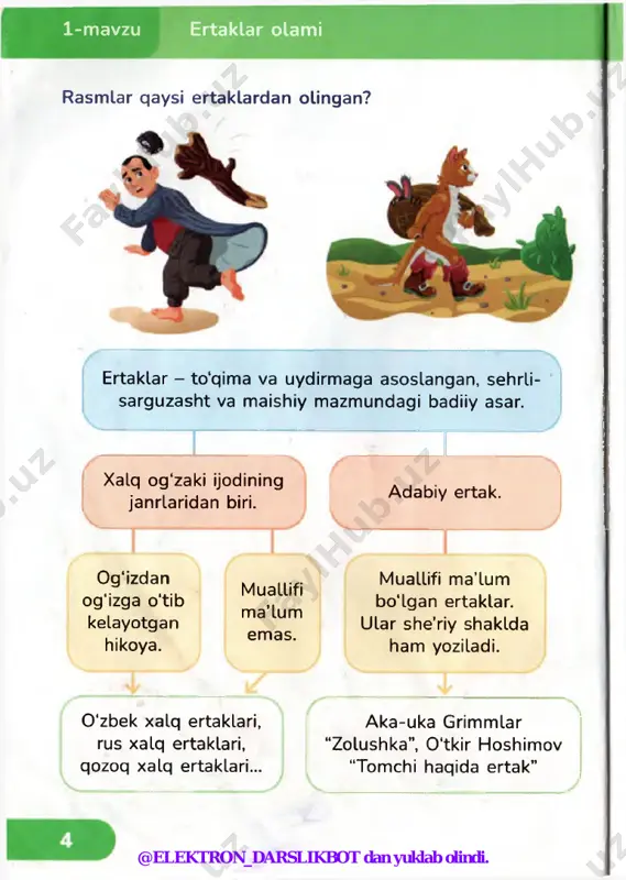 o'rdingki xo'roz, senga kim qo'yibdi kashnich-u piyoz, ko‘rdingki qo'zini, senga kim qo‘yibdi konning tuzini, ko‘rdingki ot, yeb yonida yot, xat bilmasang ketiga o‘tib, mirza bo'lishing uyat, - deb aljirab-aljirab o lib qolibdi. xo'roz, qo‘zi va ot dushmandan qutulib qolishibdi. 1. cholda bo'ri nimani uchratibdi? sh 2. ot qanday hiyla o'ylab topibdi? 3. ertak qanday yakun topibdi? 4. sizningcha, bo'rining bunday holatga tushishiga nima sabab bo'ldi? unnab - harakat qilib, urinib aljiramoq - bema’ni gaplarni gapirmoq ta ’zir bermoq - aybi yoki xatosini aytib koyimoq 1. ot va bo'rining gaplarini aniqlab rollarga bo'lib o‘qing. 2. ertakdagi voqealar ketma- ketligini qisqacha yoriting. xo'roz 3. xo‘roz, qo‘zi va otga ta’rif bering. ularni nima birlashtiradi? qo'zi o t bo‘ri bosh qahramon bo‘lgan ertakning rasmini chizing. shu ertakning qisqacha mazmunini so‘zlab bering. @elektron_darslikbot dan yuklab olindi. 4-mavzu boyo‘g ‘li bilan qarg‘a □ topishmoqni o'qing va javobini ayting. mening boshim yumaloq, ko'zlarim katta-katta. tirnog'im uzun, o'tkir, …