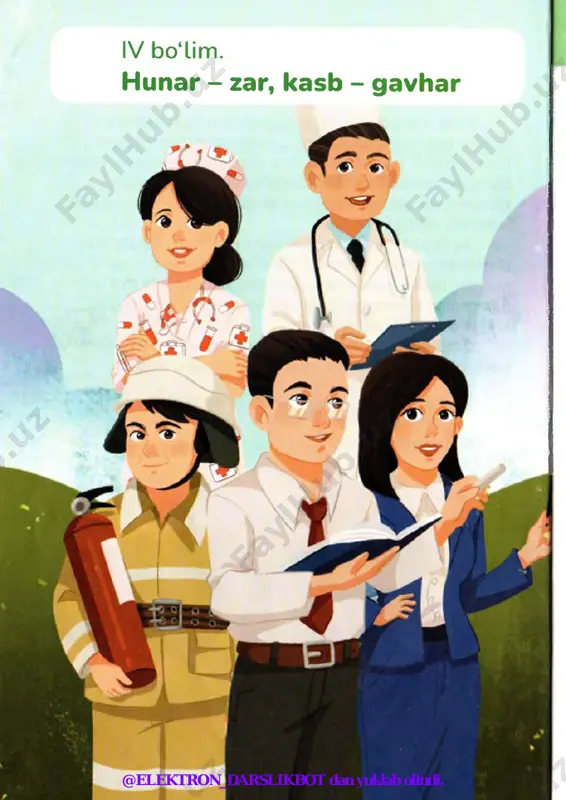 tog 'asin ik iga m ehm onga bordi. tog‘asi rasm chizayotgan ekan. u chizgan o lm alar shoxlarida xuddi tebranib, uzilib tushayotgandek, qushlar bo ‘lsa, xuddi sayrab yuborayotgandek tuyulibdi. ularga qarab a lijonning juda zavqi v “ lya, bu ajoyib qalam ekan-ku, bunday qalam ni qayerdan topsa bo 'la rkan?” - deb o'ylabdi. p @elektron_darslikbot dan yuklab olindi. yosh musavvir 3-mavzu oxiri a lijon: - tog‘a, qalam ingizni berib turing! b irpas turib keltirib beraman, - debdi. tog‘asi, “qani, jiyan im qalamni nima qilm oqchi ekan?” - deb o ‘ylabdi-da: - ha, mayli, ola qol, - debdi. alijon qalam bilan qo g ‘oz olib ko ‘chaga yuguribdi. u bolalarga qalam ni ko ‘rsatib: - bolalar, ko'ryapsizlarm i, m ana bu sehrli qalam, - deb m aqtanibdi. - xohlagan narsalaringizni qoyil qilib chizib tashlaydi. qani, aytinglar, nim aning rasmini chizib beray? bolalar hovliqib: “parovozning rasm ini ch iz” , “otni chiza …