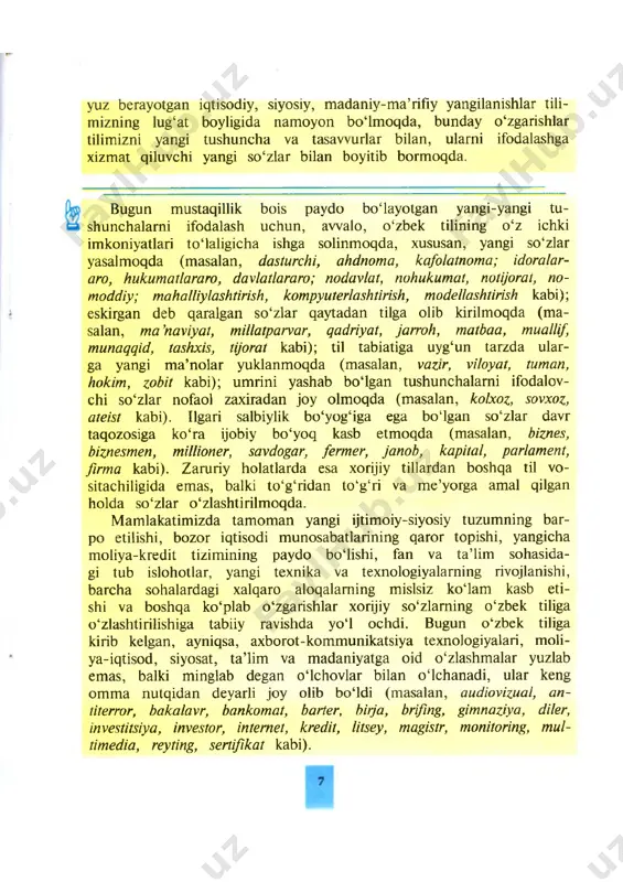 ni aytadi: insonni so‘z ayladi judo hayvondin, bilkim, guhari sharifroq yo‘q ondin. shunday ekan, so‘z gavharining sharofati shunchalar yuksakki, uning qarshisida eng qimmatbaho narsalar ham qadrsizlanadi: so‘z guhariga erur oncha sharaf, kim bo‘la olmas anga gavhar sadaf. xullas, alisher navoiy asarlari bizni dunyoning eng sirli mo‘jizasi hi­ soblangan so'zga chtiyotkorlik va mas’uliyat bilan munosabatda bo'lishga, uni qadrlashga chorlaydi. (m. siddiqov) 3-mashq. matnni o'qib, undagi fikrlarga o‘z munosabatingizni bildi- ^ ring. 0 ‘zbek tilining taraqqiyoti haqida bilganlaringizni " yozing. til — inson aqliy, ruhiy va amaliy faoliyatining quroli va harakatlan- tiruvchi kuchi, bu faoliyat natijasi sifatidagi tajribalarning jamlovchisi va saqlovchisi, kishilar o ‘rtasidagi, ajdod va avlod orasidagi bilim-u axborot «oldi-berdisi»ning timsolsiz ta ’minlovchisi. u yo‘qolsa, tamaddun tugaydi, u salomat bo‘lmasa, millat sochilib ketadi. shuning uchun esi o‘zida xalq, erki o‘zida davlat til muhofazasini muhtashatn inaqsad deb biladi, uni taraqqiy qildirish qayg‘usini bir on unutmaydi. mustaqil 0 ‘zbekiston davlati erkinlikning dastlabki yillaridanoq …