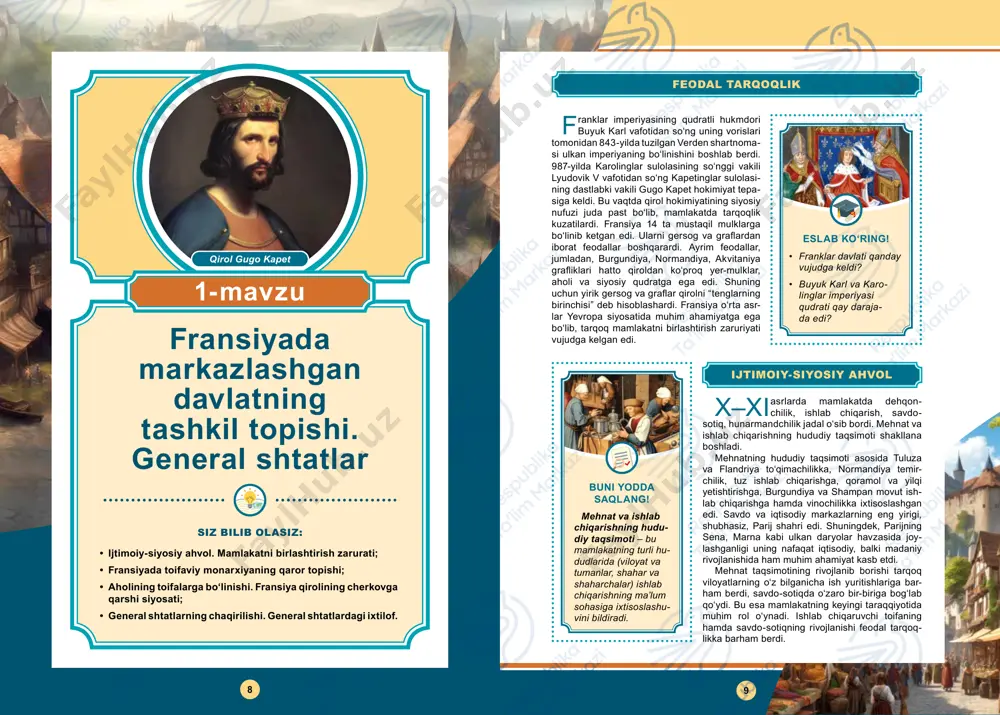 g ma’lum sohasiga ixtisoslashu­ vini bildiradi. fransiyada markazlashgan davlatning tashkil topishi. general shtatlar siz bilib olasiz: • ijtimoiy-siyosiy ahvol. mamlakatni birlashtirish zarurati; • fransiyada toifaviy monarxiyaning qaror topishi; • aholining toifalarga bo‘linishi. fransiya qirolining cherkovga qarshi siyosati; • general shtatlarning chaqirilishi. general shtatlardagi ixtilof. 1-mavzu qirol gugo kapet 8 10 11 fransiyani birlashtirish jarayoni qirol lyudo- vik vi davrida boshlandi. u butun hukm- ronlik davrini mahalliy feodallarga qarshi kurash bilan o‘tkazib, burj va sans shaharlarini qirollik hokimiyatiga bo‘ysundirdi. mamlakatni birlashtirish yo‘lidagi eng katta to‘siq angliyaning fransi- yadagi mulklari edi. shuning uchun qirol o‘g‘li lyudovik vii ni akvitaniya malikasi eleonoraga uylantirish orqali ma’lum muddat ushbu muhim hududni ham o‘ziga qaram qildi. qirol lyudovik vii ning o‘g‘li filipp ii avgust davrida mamlakatni birlashtirish siyosati izchil olib borildi. uning hukmronlik yillari fransiya monarxi- yasida burilish davri boʻlib, mamlakat daromadi yanada oshdi va hokimiyat mustahkamlandi. filipp ii inglizlarga qarshi urushlar olib borib, normandiya, men, …