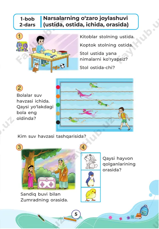, 37, 32 4 ‘ + 8 bir = ta o nlik ta lik 4 5 3 2 1 10 1010 1010 10 10 10 10 10 10 3 118 8-bob 4-dars 21 dan 100 gacha bo‘lgan sonlar 21 32 43 46 49 34 37 25 28 30 25 32 48 54 39 57 59 46 sharchalar sonini sanaymiz va yozamiz. o‘nlik 5 4 birlik bo‘sh katakchalarda qanday sonlar bo‘lishi kerak? taqqoslaymiz. 2 5 3 2 10 dan 30 gacha bo‘lgan sonlar qaysi? = = = = = = = = = = bo‘sh kataklarni to‘ldiramiz. 3 4 5 2 1 birlik birliko‘nlik o‘nlik 119 8-bob 5-dars 21 dan 100 gacha bo‘lgan sonlar o‘nlik birlik flomasterlar nechta? sonini sonlar ida ko rsatamiz.nur ‘ keyingi son qaysi? bo‘sh katakka qaysi sonlar mos? 69 24 57 43 sonlar ketma-ketligini to ldiramiz.‘ 5 10 15 25 40 3 4 2 1 21 31 …