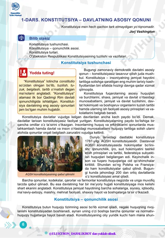 ni, dav- lat hokimiyati va boshqaruv organlarini tuzish tartibi hamda ularning ish faoliyati asosiy prinsiplari va va- kolatlarini belgilab beradi. konstitutsiya davlatlar vujudga kelgan davrlardan ancha kech paydo bo‘ldi. demak, davlatlar tarixan konstitutsiyasiz faoliyat yuritgan. konstitutsiyalarning paydo bo‘lishiga bir qancha omillar o‘z ta’sirini o‘tkazgan. insonlarning huquq va erkinliklarini qonunlarda mus- tahkamlash hamda davlat va inson o‘rtasidagi munosabatlarni huquqiy tartibga solish ularni alohida qonunlar orqali belgilash zaruratini vujudga keltirdi. dunyo tarixidagi dastlabki konstitutsiya 1787-yilgi aqsh konstitutsiyasidir. dastavval aqsh konstitutsiyasida hokimiyatlar bo‘lini- shi: qonunchilik, ijro, sud hokimiyatini tashkil etish prinsiplari va tartibi, federatsiya subyekt- lari huquqlari belgilangan edi. keyinchalik in- son va fuqaro huquqlariga oid qo‘shimchalar kiritildi. shundan so‘ng polsha va fransiya- da ham konstitutsiyalar qabul qilindi. bugun- gi kunda jahondagi 200 dan ortiq davlatlarda o‘z konstitutsiyasi amal qiladi. barcha qonunlar, kodekslar, qarorlar va farmonlar konstitutsiya negizida va unga muvofiq tarzda qabul qilinadi. bu esa davlatning har bir me’yoriy hujjati konstitutsiyaga mos …