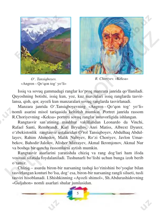 obrov, f. qambaro- va, g‘. boymatov, g. sultonovalar ning ijod- larini sanab o‘tish mumkin. tasviriy san’atning ifodaviy vositalari uning turlariga qarab turlicha bo‘ladi. masa- lan, rangtasvirda asosiy vosita sifatida rang muhim rol o‘ynasa, grafi kada chiziq, oq-qo- ra ranglar kontrasti, haykaltaroshlikda hajm, amaliy san’atda esa ritm, simmetriya, shakl va rangdan asosiy tasviriy vosita sifatida foydalaniladi. ularning barchasi uchun xos bo‘lgan asosiy vosita mavjud. bu kompo- zitsiyadir.j. umarbekov. «bobur» m. sodiqov. «ovul»l. ibragimov. «uzumzor» ht tp :// ed up or ta l.u z ht tp :// ed up or ta l.u z 11 kompozitsiyada, eng muhimi, asarning kompozitsion yechimi, mazmun- dorligi, tasviriy vositalardan to‘g‘ri va o‘rinli foydalanishi hisoblanadi. haykaltaroshlikda ifoda vositalari haykaltaroshlik asari yaratishda asosiy ifodaviy vosita sifatida hajm, plastika, material, fakturadan foydalaniladi. haykaltaroshlikda asosiy ifodaviy vosita uning hajmi hisoblanadi. u har tomondan ko‘rinadi. haykaltarosh likda ifodalanadigan asosiy obyekt – odam. haykaltaroshlik insondagi qah ramonlik, go‘zallik, buyuklikni gavdalantiradi va abadiy- lashtiradi. …